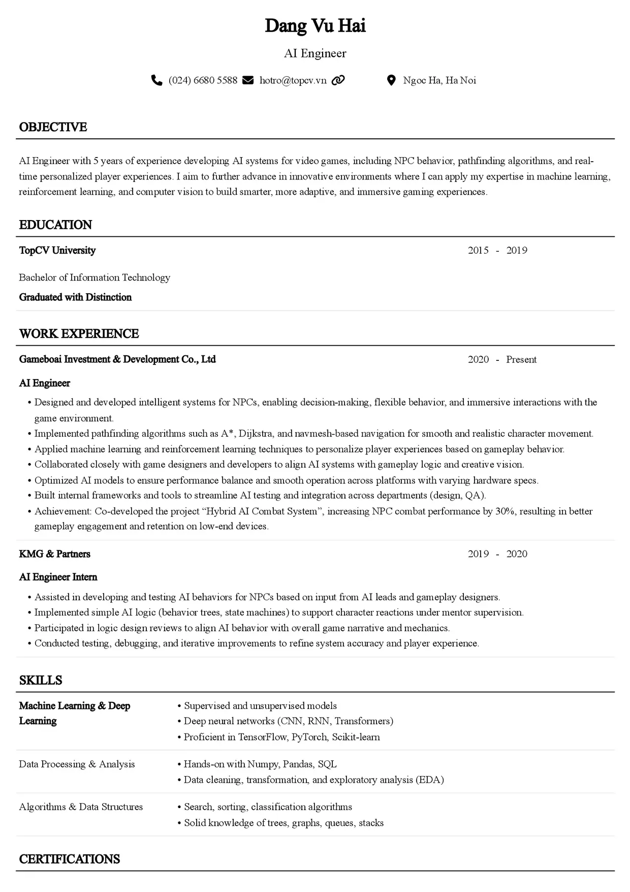 Mẫu CV xin việc AI Engineer style Senior