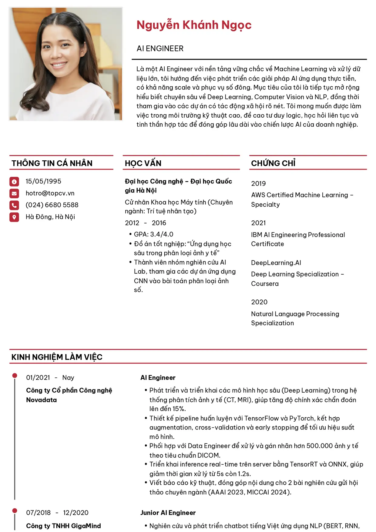 Mẫu CV xin việc AI Engineer style Thanh lịch