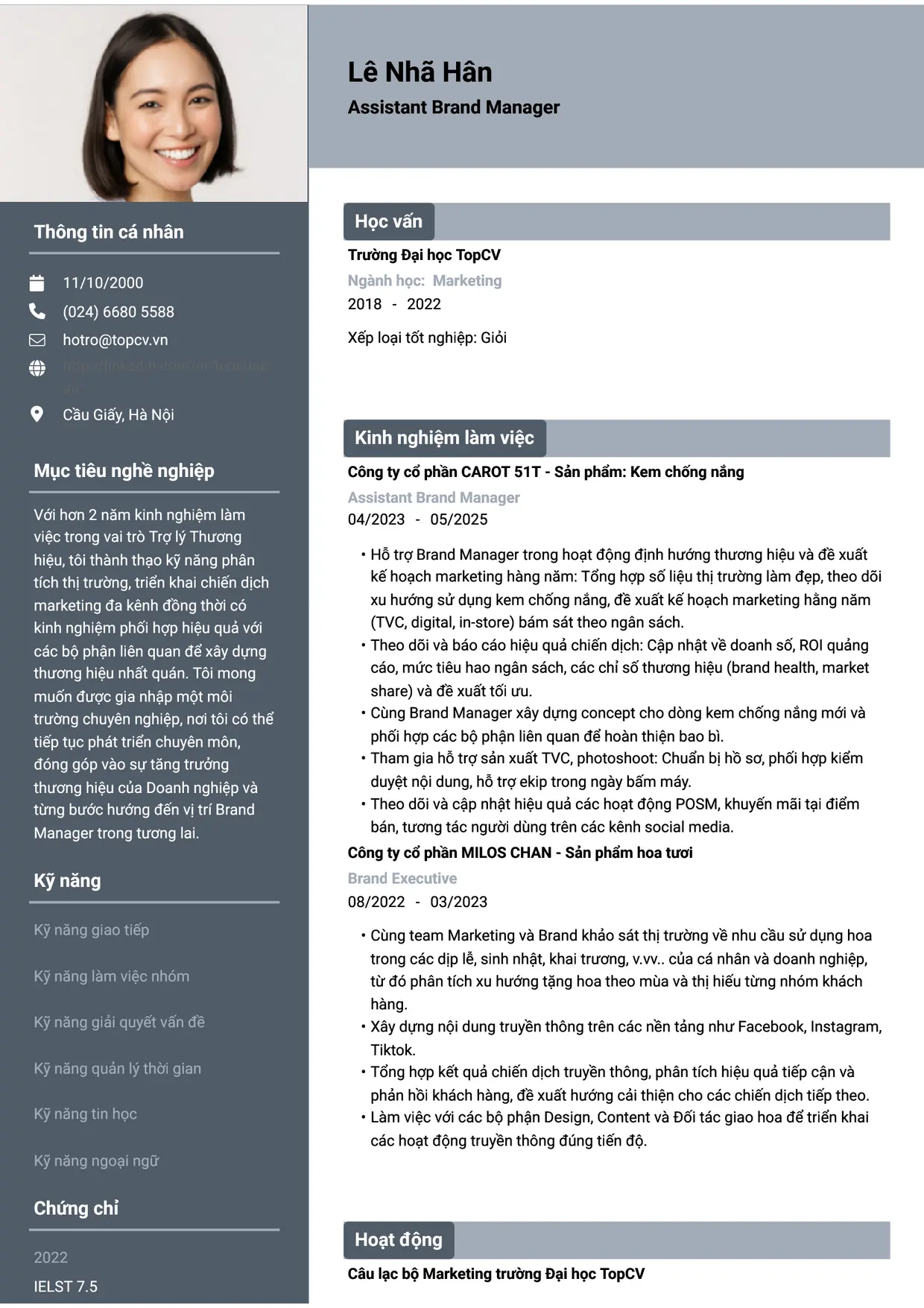 Mẫu CV xin việc Assistant Brand Manager style Basic 1