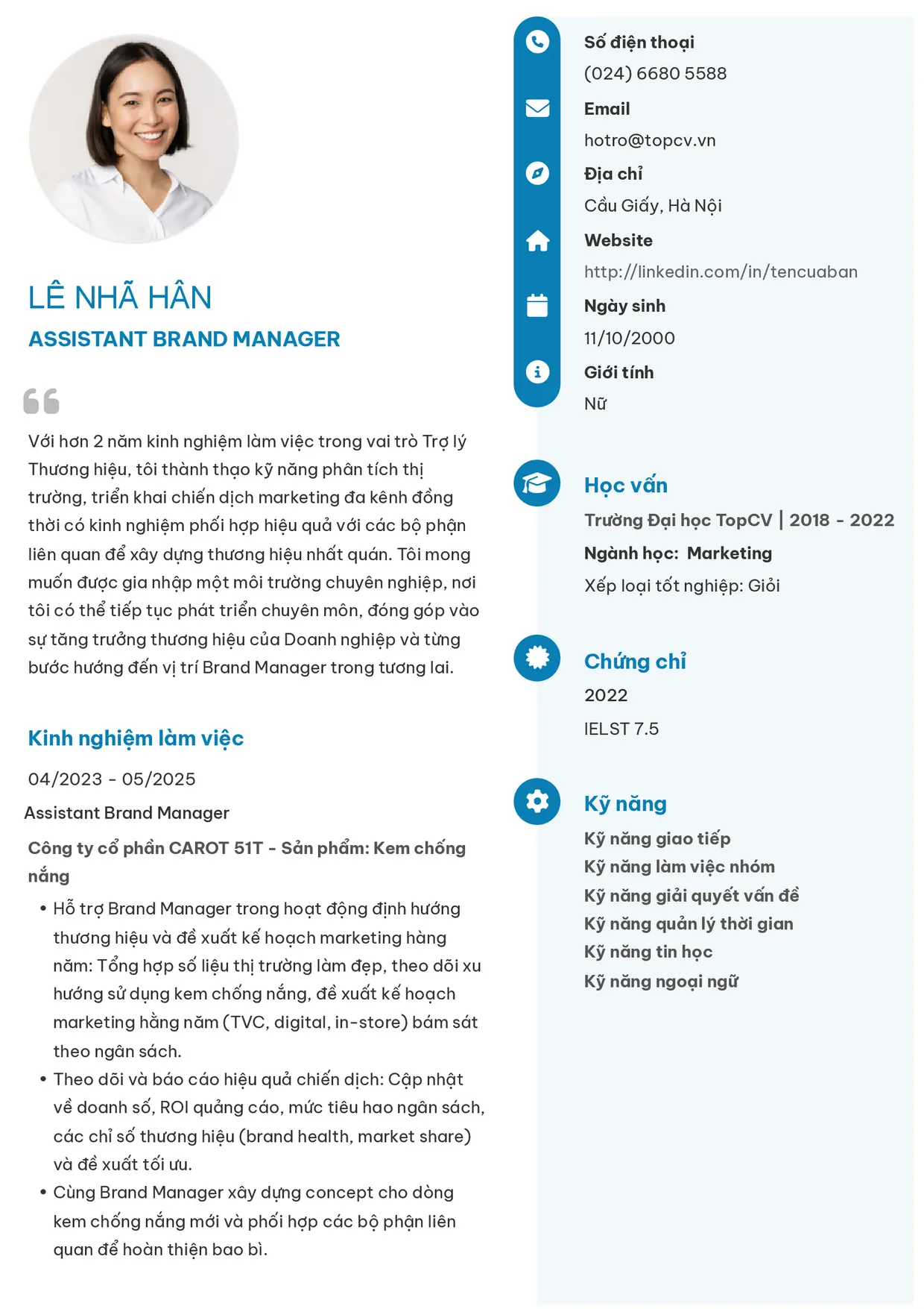 Mẫu CV xin việc Assistant Brand Manager style Basic 4