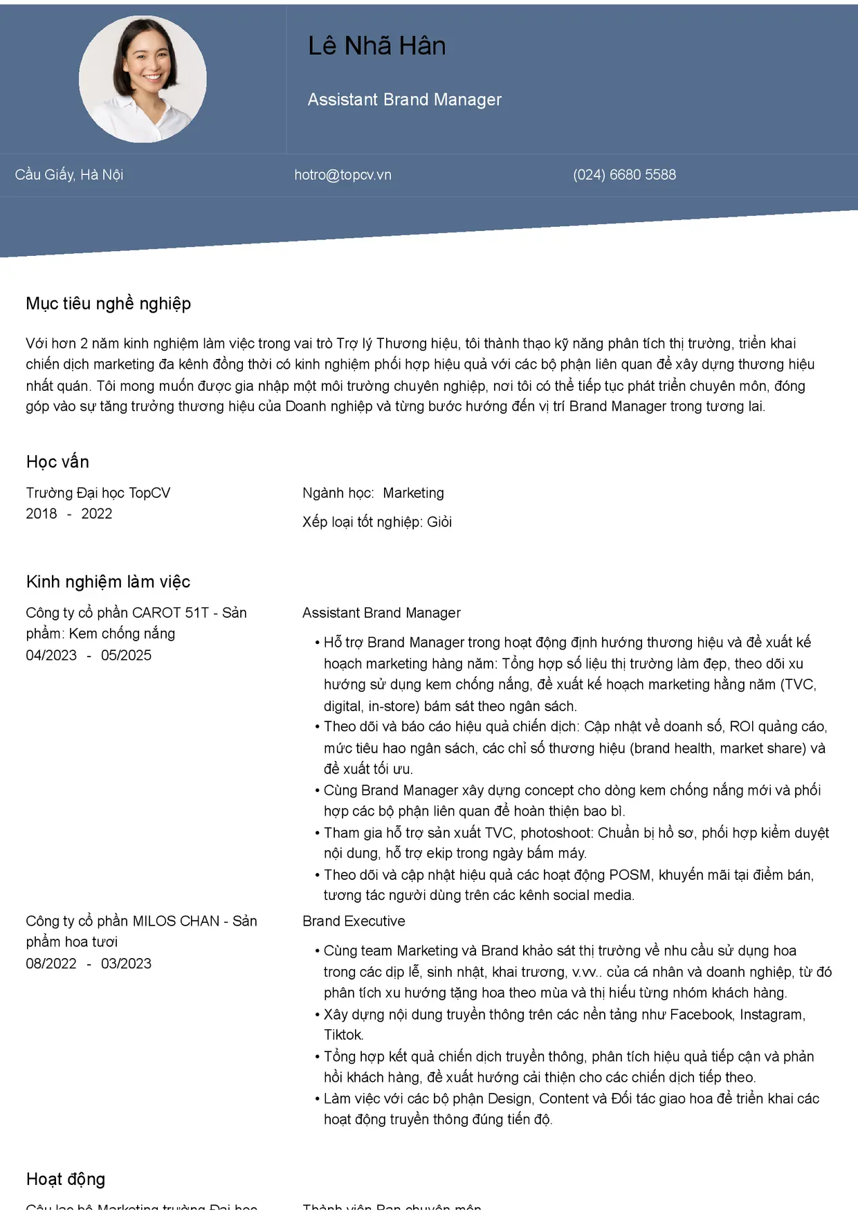 Mẫu CV xin việc Assistant Brand Manager style Thanh Lịch 1
