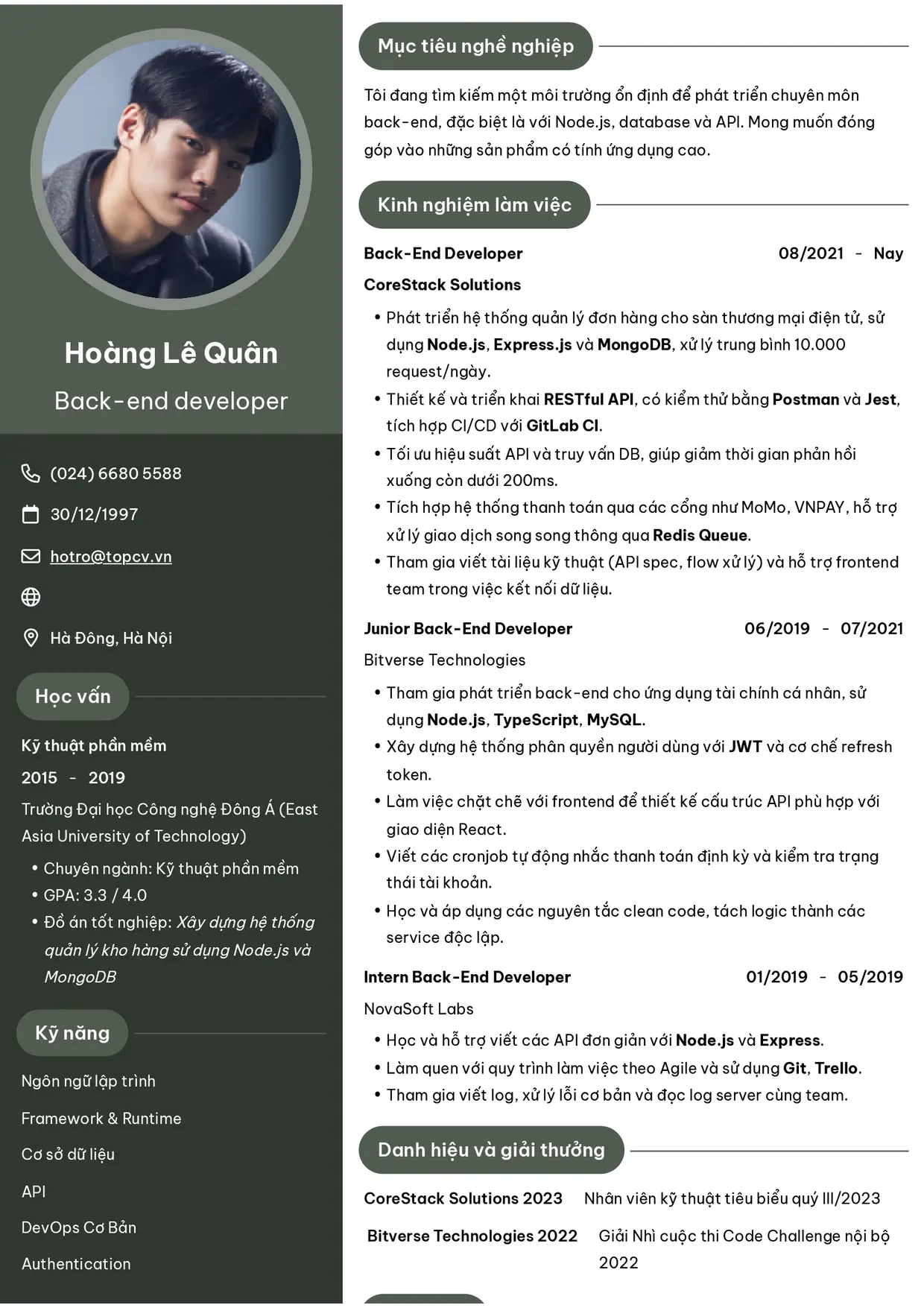 Mẫu CV xin việc Backend Developer style Ấn tượng 6