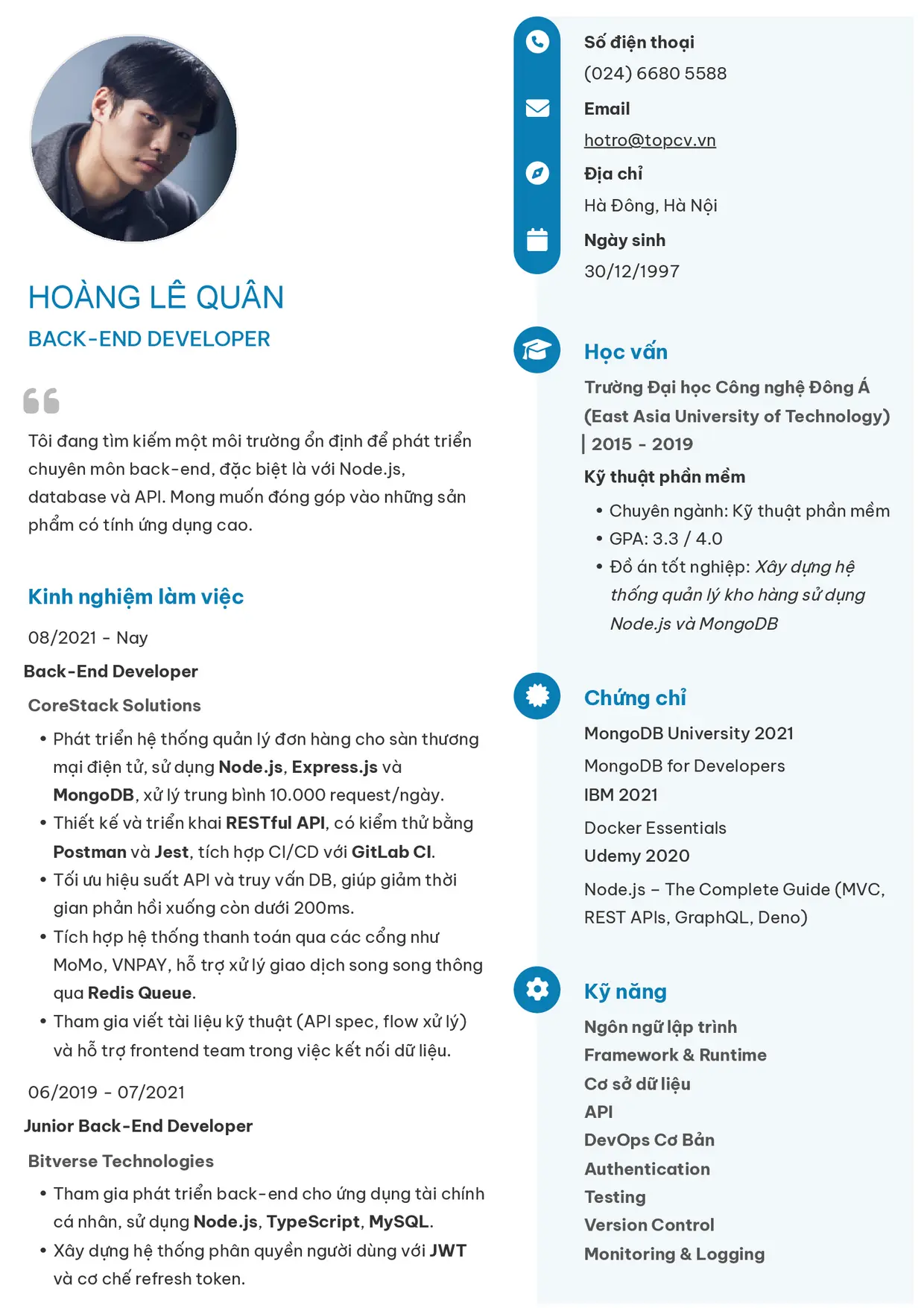 Mẫu CV xin việc Backend Developer style Basic 4