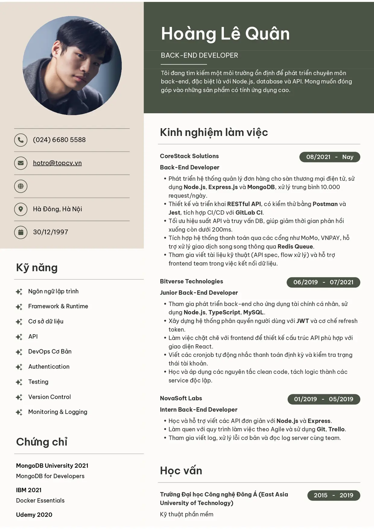 Mẫu CV xin việc Backend Developer style Bright