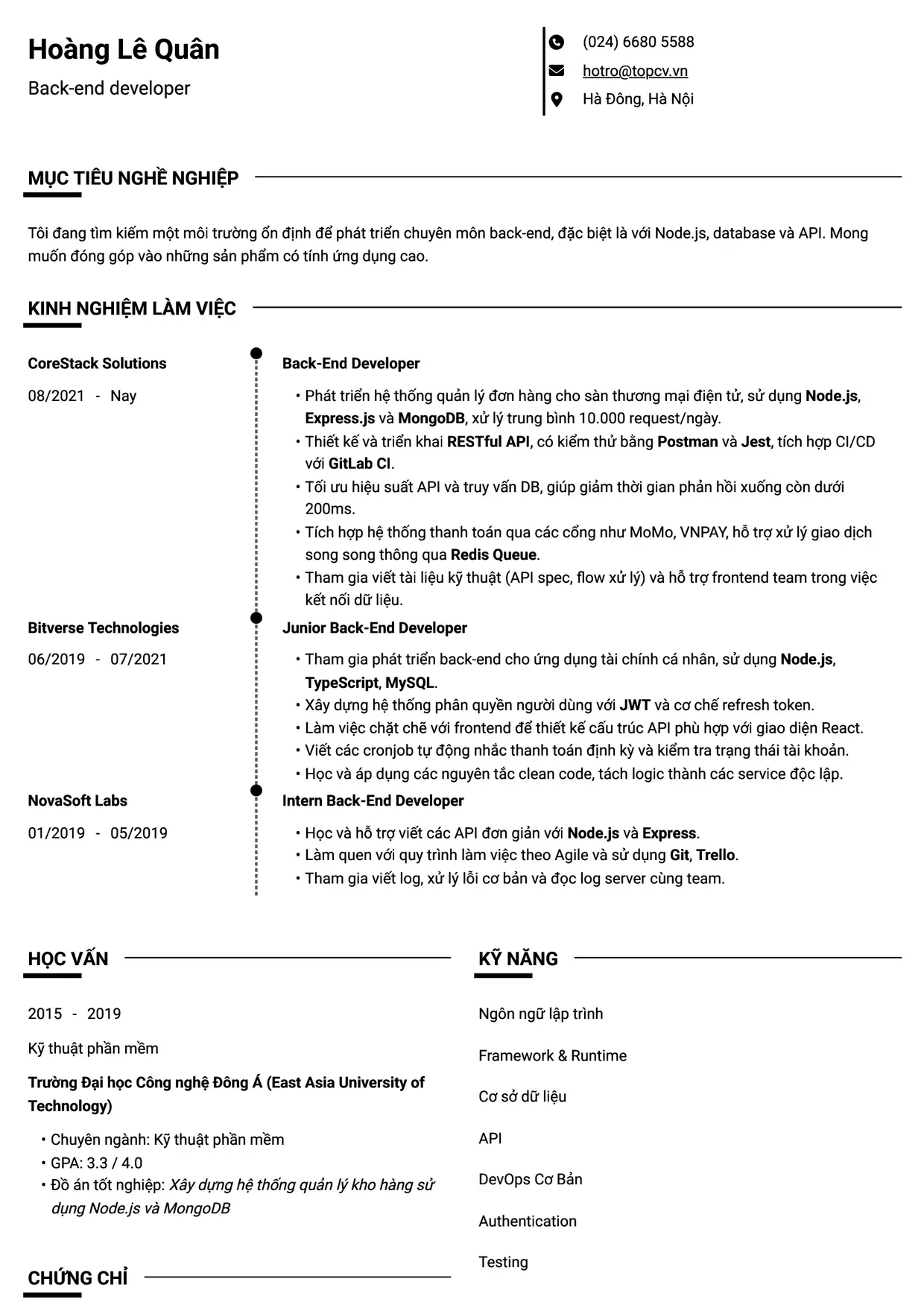 Mẫu CV xin việc Backend Developer style Chuyên gia