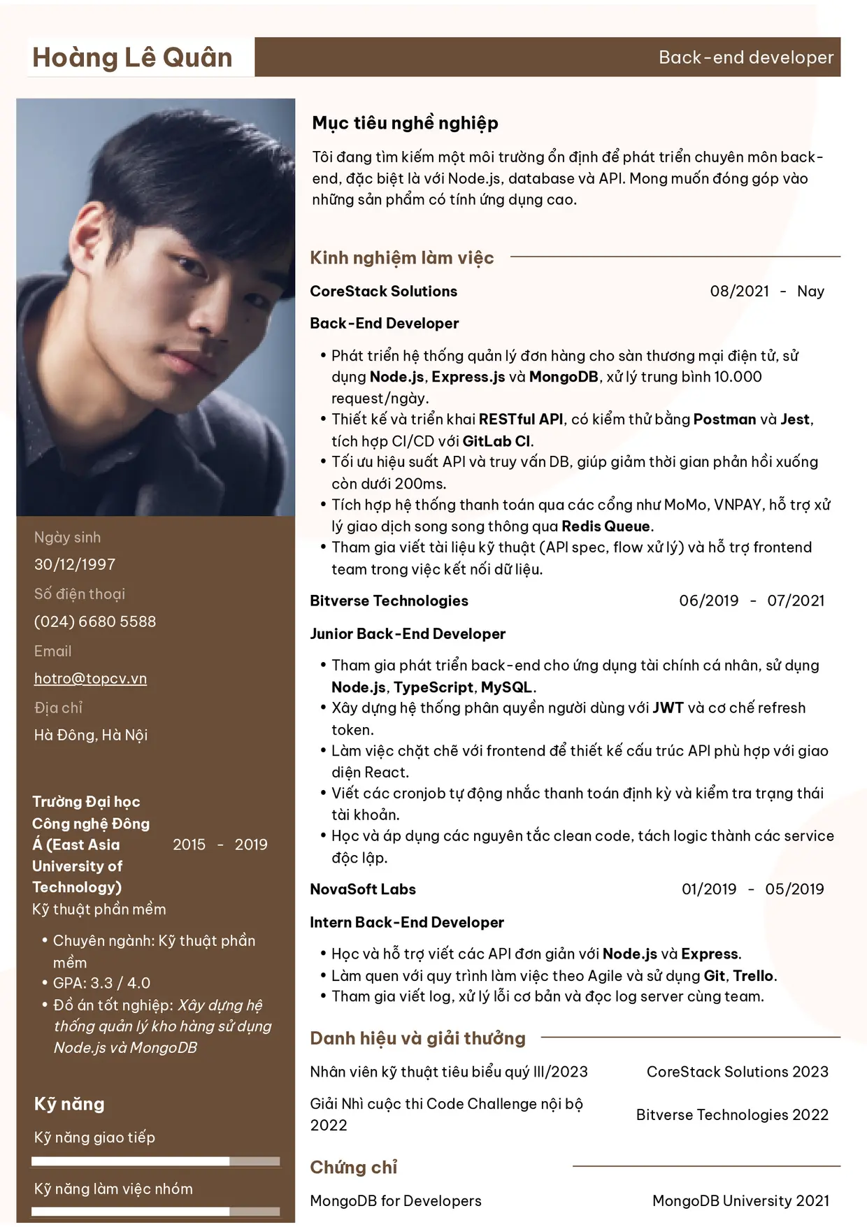 Mẫu CV xin việc Backend Developer style Chuyên Nghiệp 1