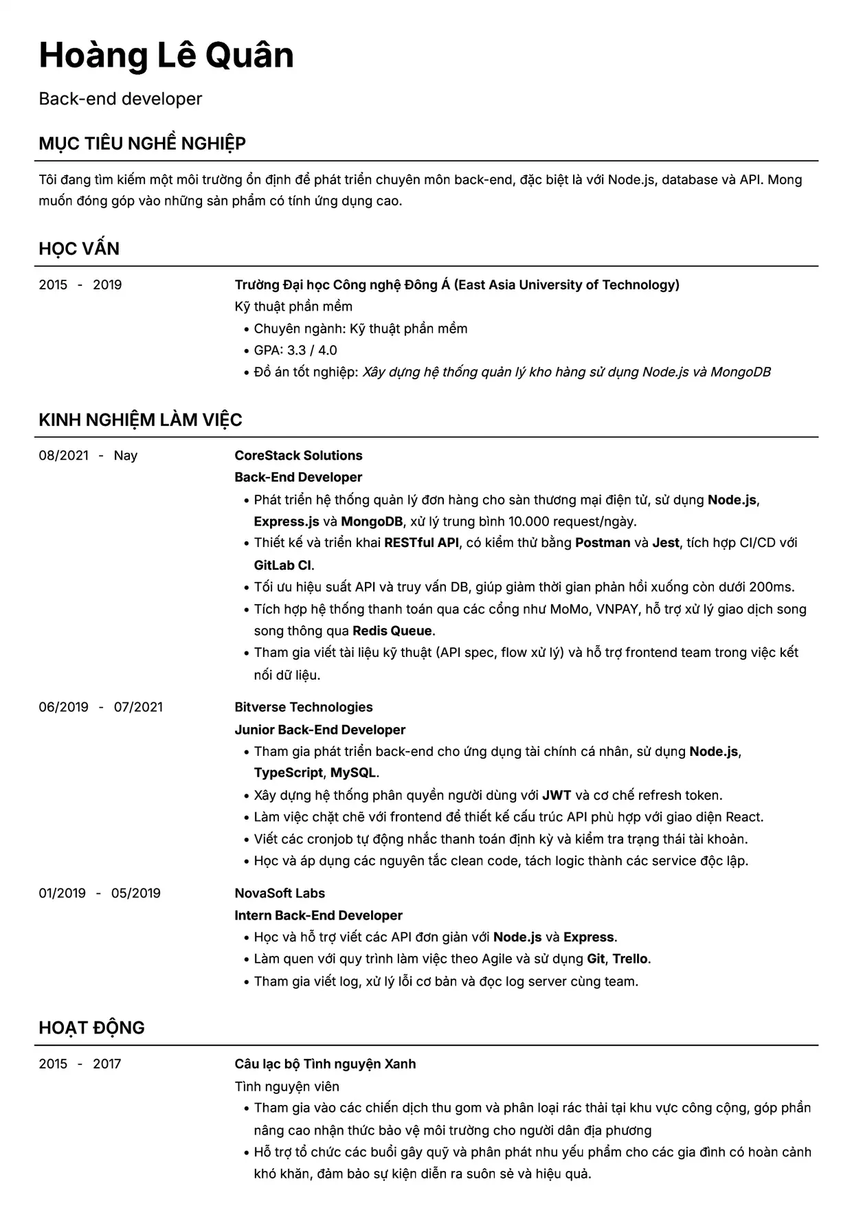 Mẫu CV xin việc Backend Developer style Headhunt
