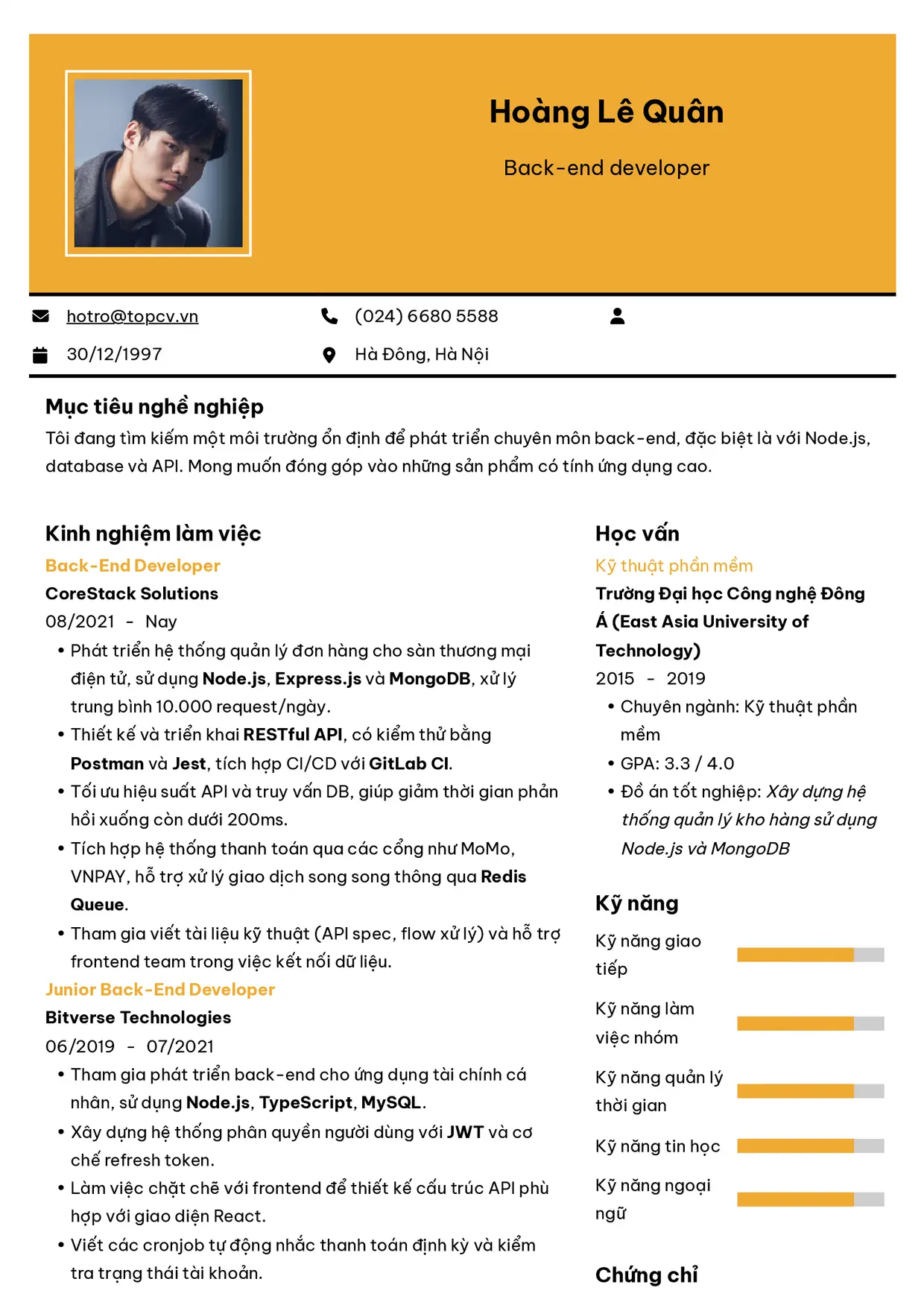 Mẫu CV xin việc Backend Developer style Hiện Đại 4