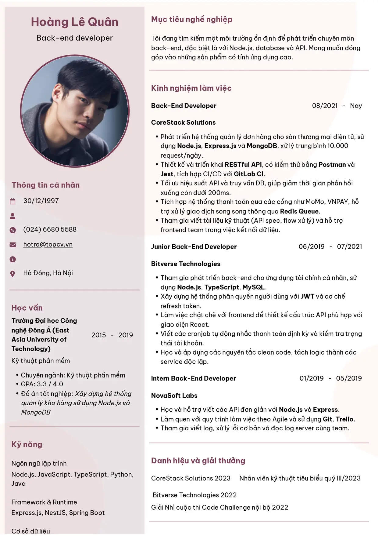 Mẫu CV xin việc Backend Developer style Hiện đại 6