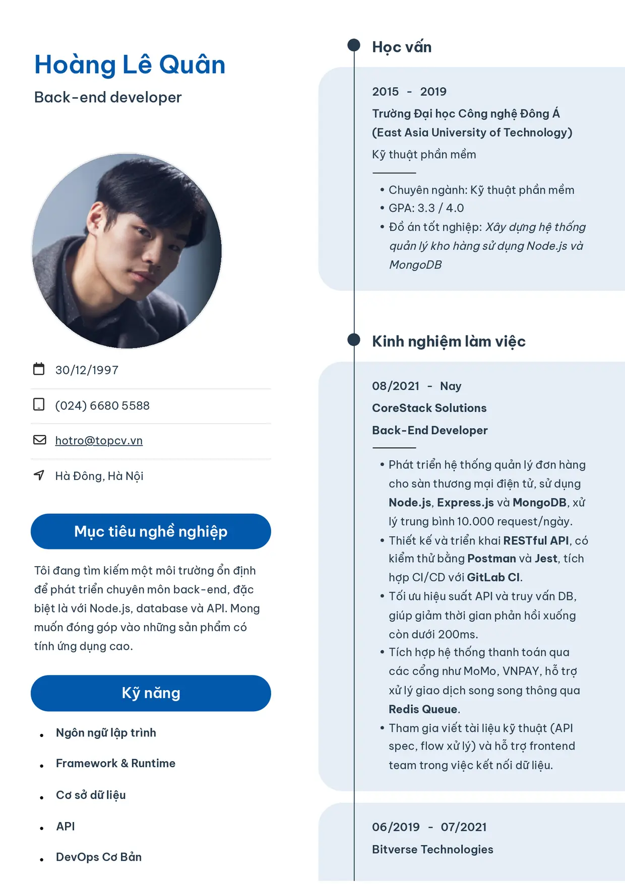 Mẫu CV xin việc Backend Developer style Sinh viên 3