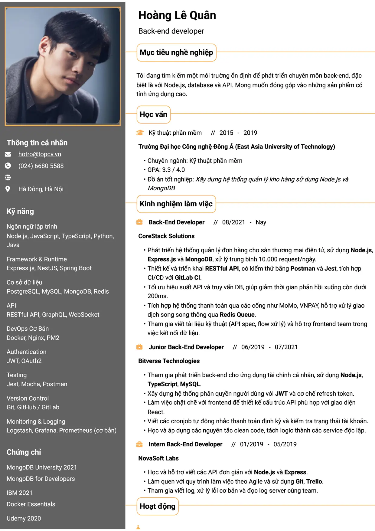 Mẫu CV xin việc Backend Developer style Thành đạt