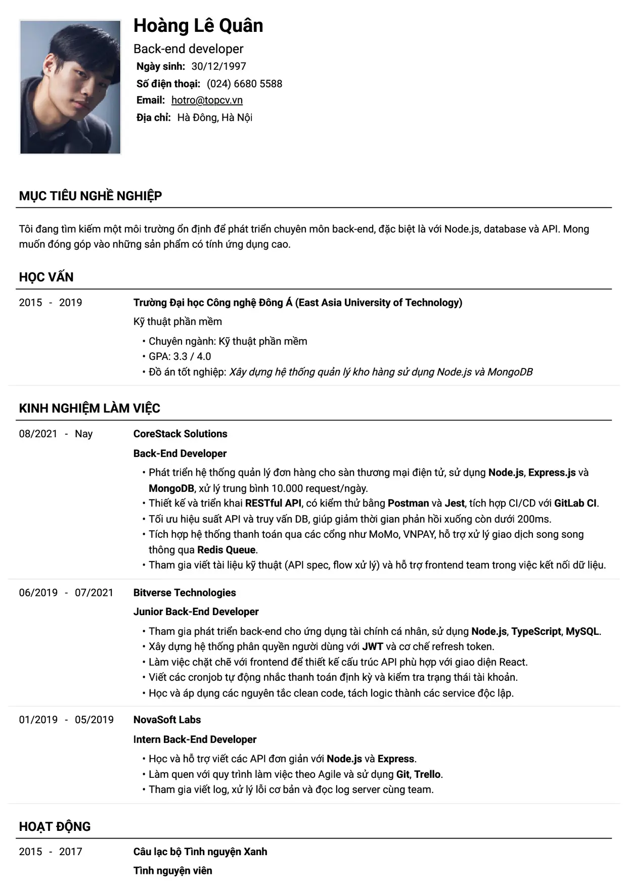 Mẫu CV xin việc Backend Developer style Tiêu chuẩn