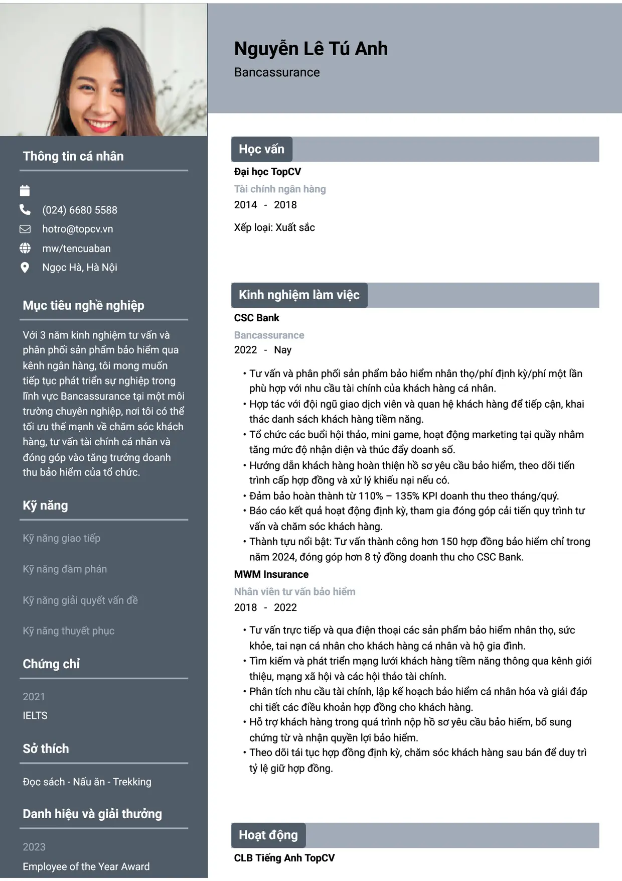 Mẫu CV Bancassurance style Basic 1