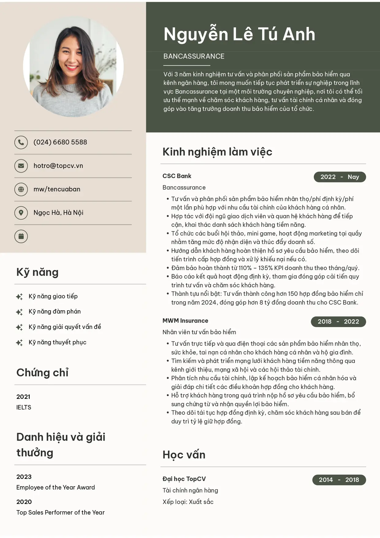 Mẫu CV Bancassurance style Bright