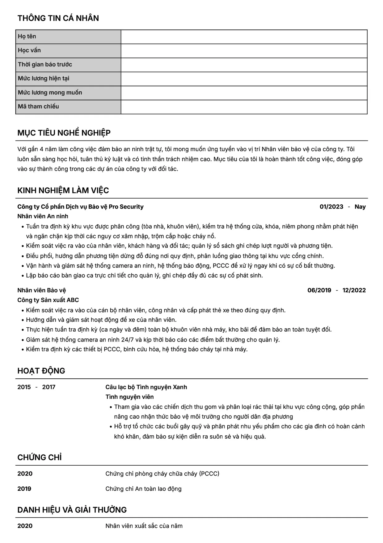 Mẫu CV xin việc Bảo vệ style Headhunt