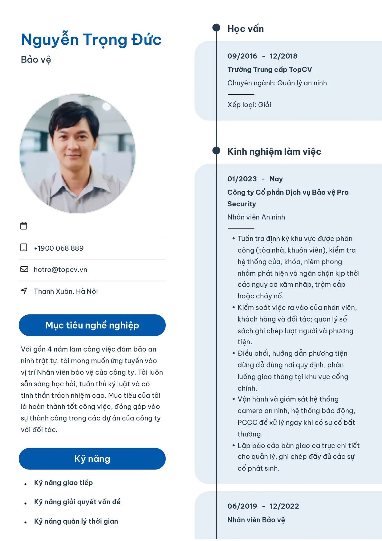 Mẫu CV xin việc Bảo vệ style Sinh viên 3
