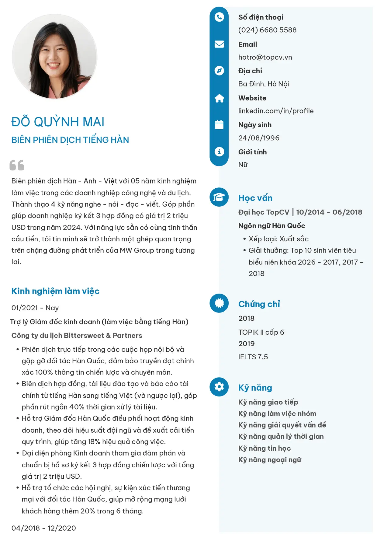Mẫu CV Biên Phiên dịch viên style Basic 4