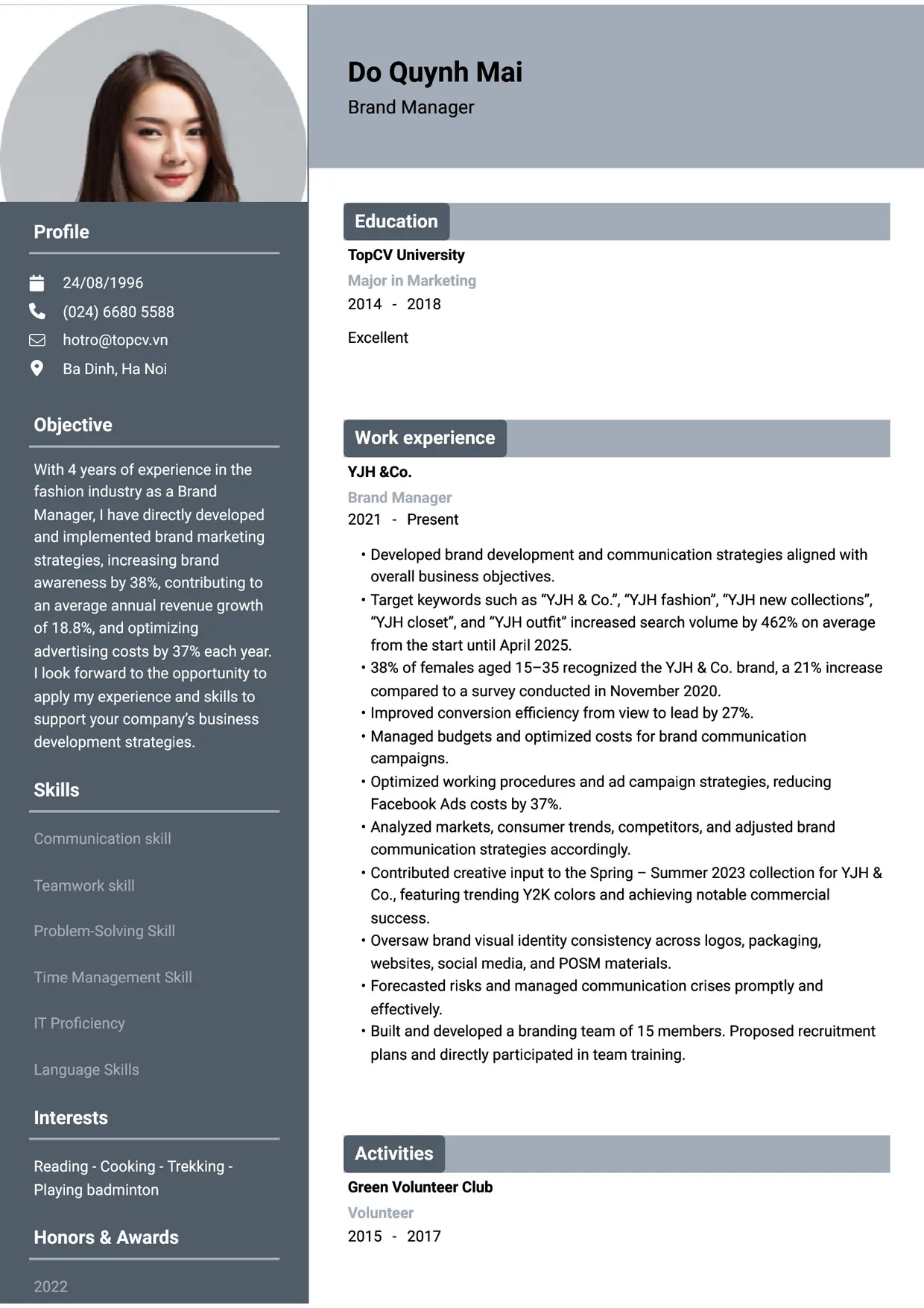 Mẫu CV xin việc Brand manager style Basic 1