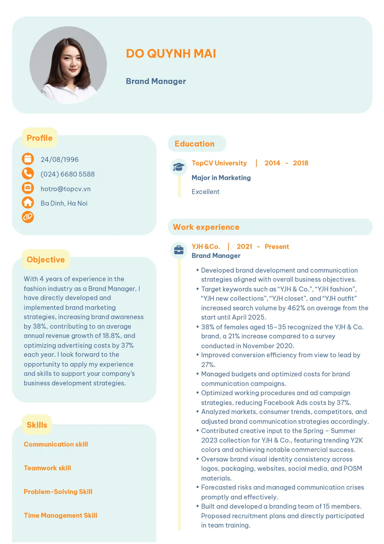 Mẫu CV xin việc Brand manager style Basic 3