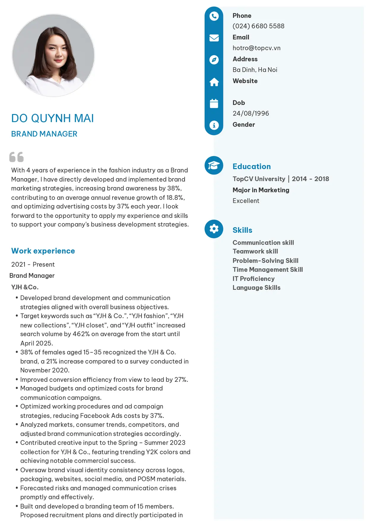 Mẫu CV xin việc Brand manager style Basic 4