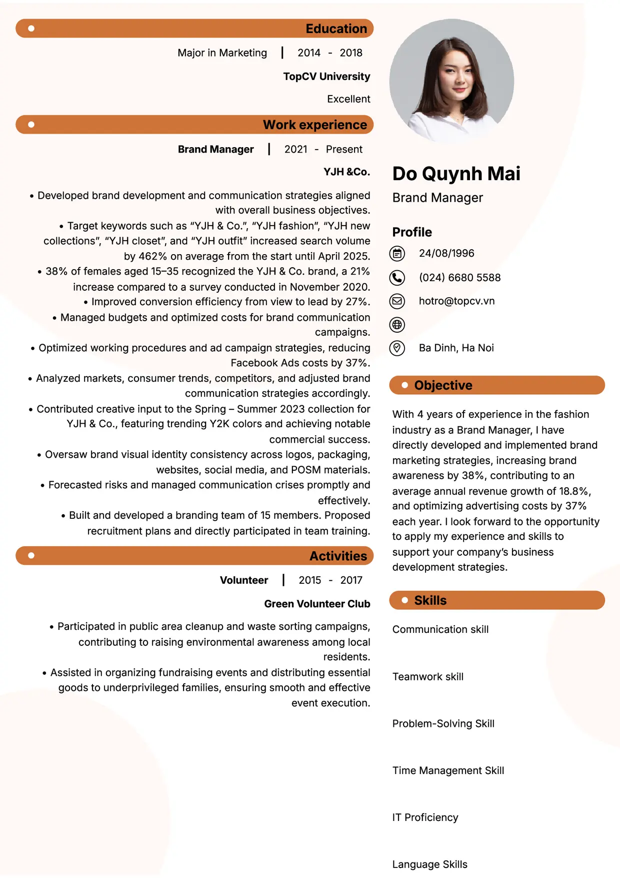 Mẫu CV xin việc Brand manager style Basic 5