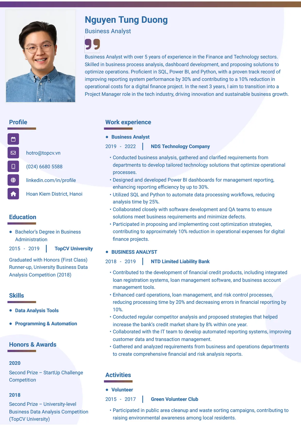 Mẫu CV xin việc Business Analyst style Gradient 1