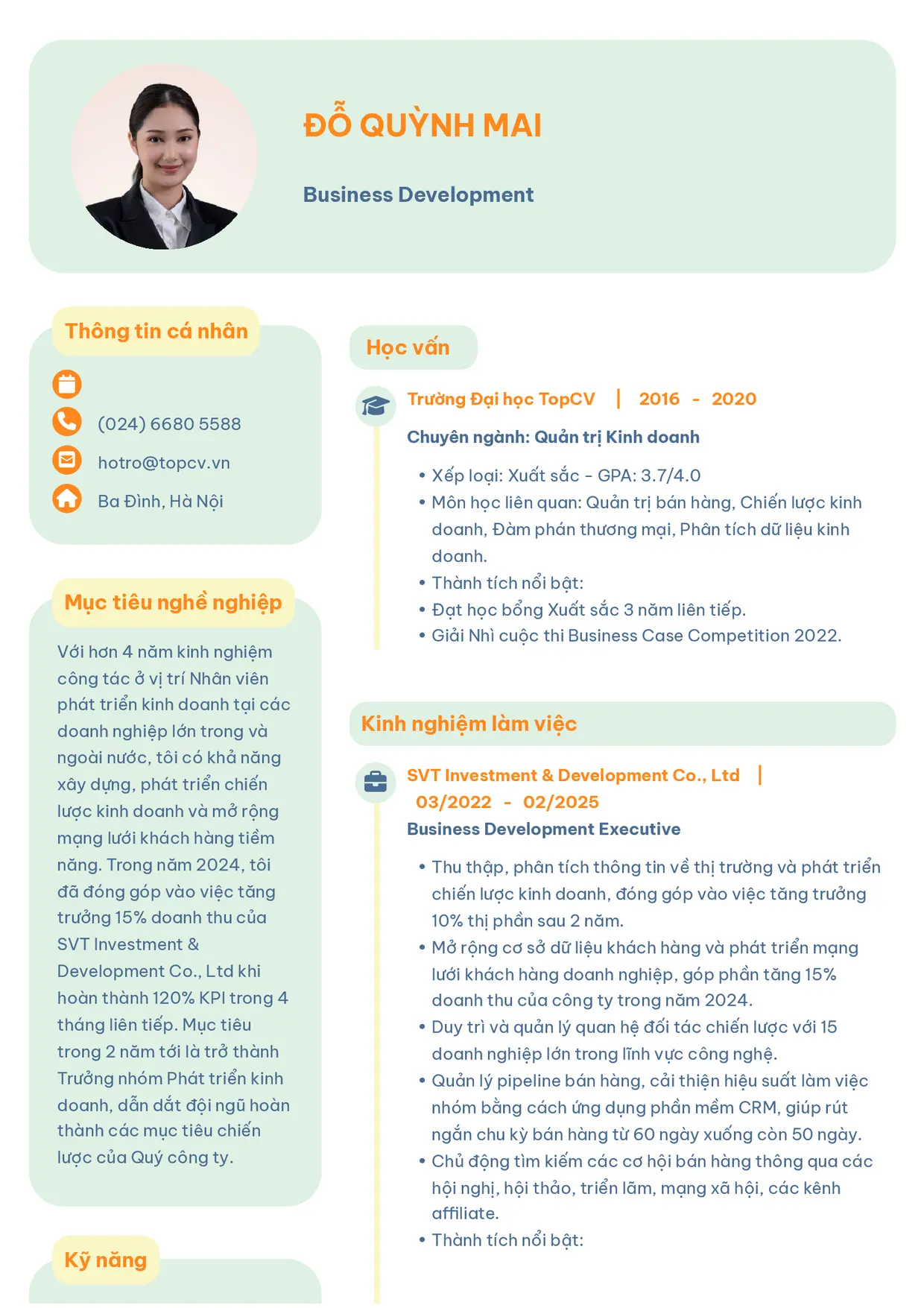 Mẫu CV xin việc Business Development Executive (Nhân viên phát triển kinh doanh) style Basic 3