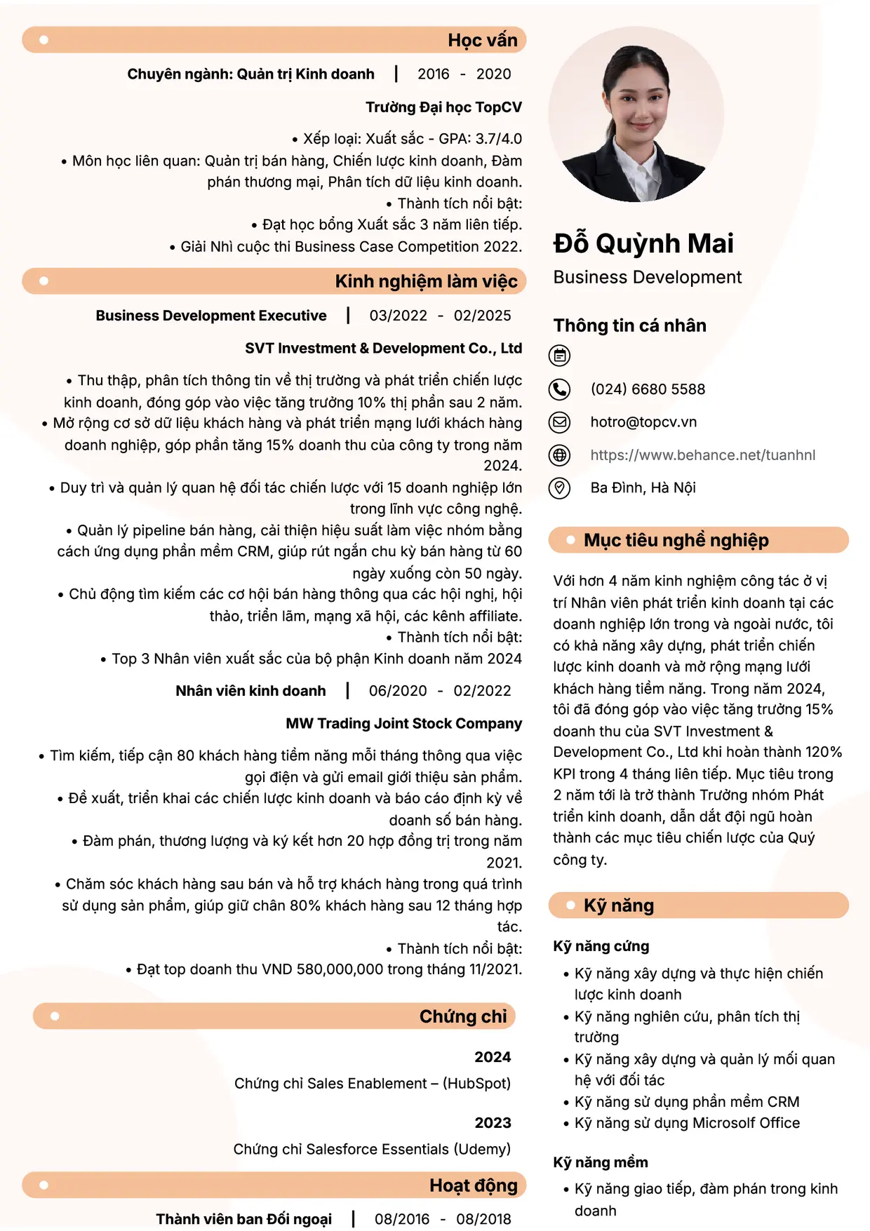 Mẫu CV xin việc Business Development Executive (Nhân viên phát triển kinh doanh) style Basic 5
