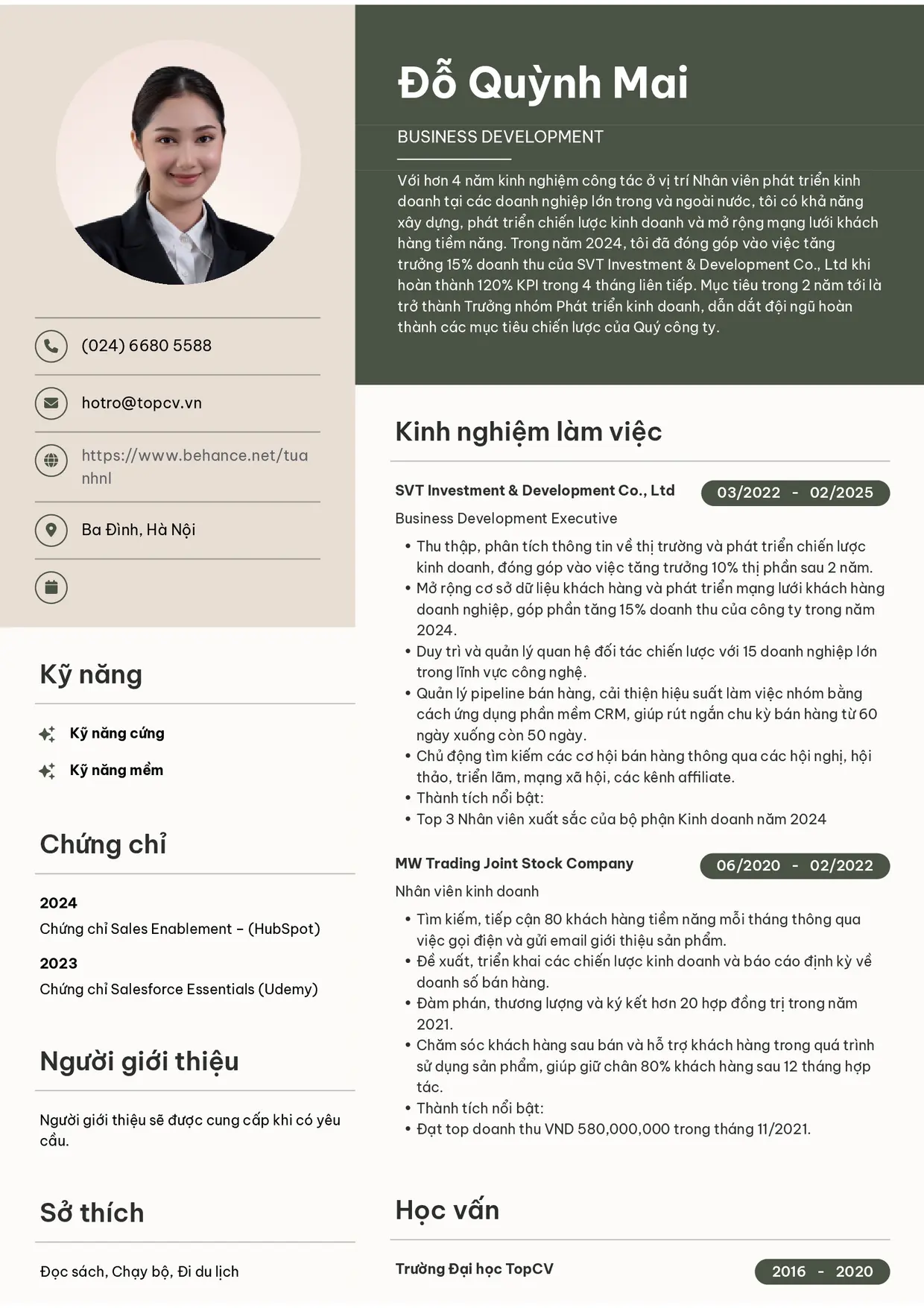 Mẫu CV xin việc Business Development Executive (Nhân viên phát triển kinh doanh) style Bright