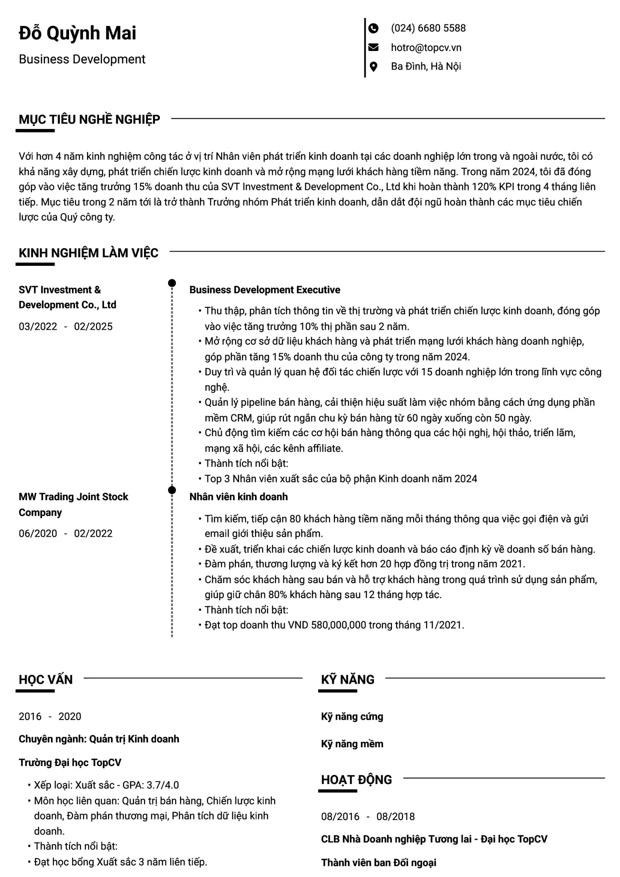 Mẫu CV xin việc Business Development Executive (Nhân viên phát triển kinh doanh) style Chuyên gia