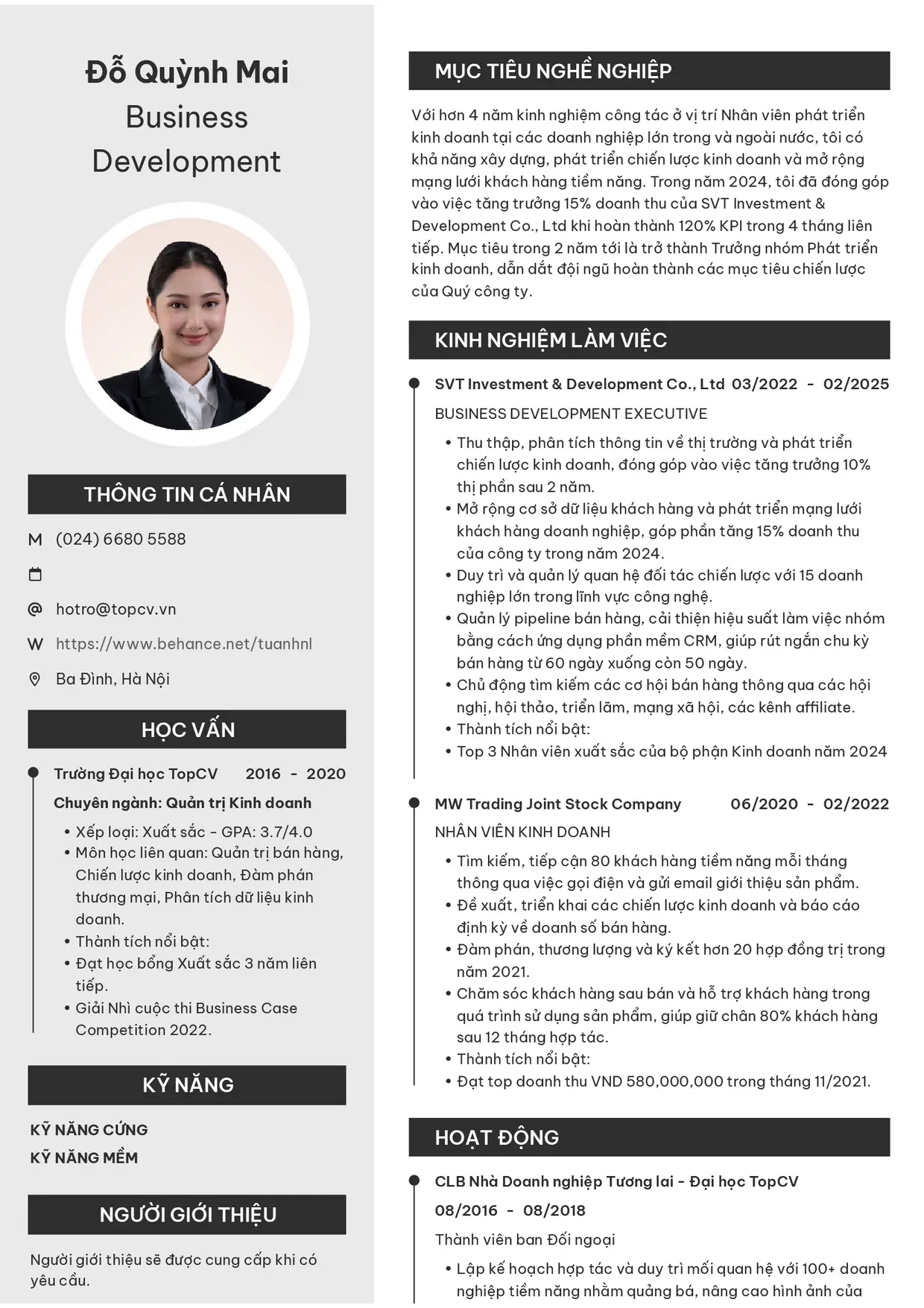Mẫu CV xin việc Business Development Executive (Nhân viên phát triển kinh doanh) style Clarity