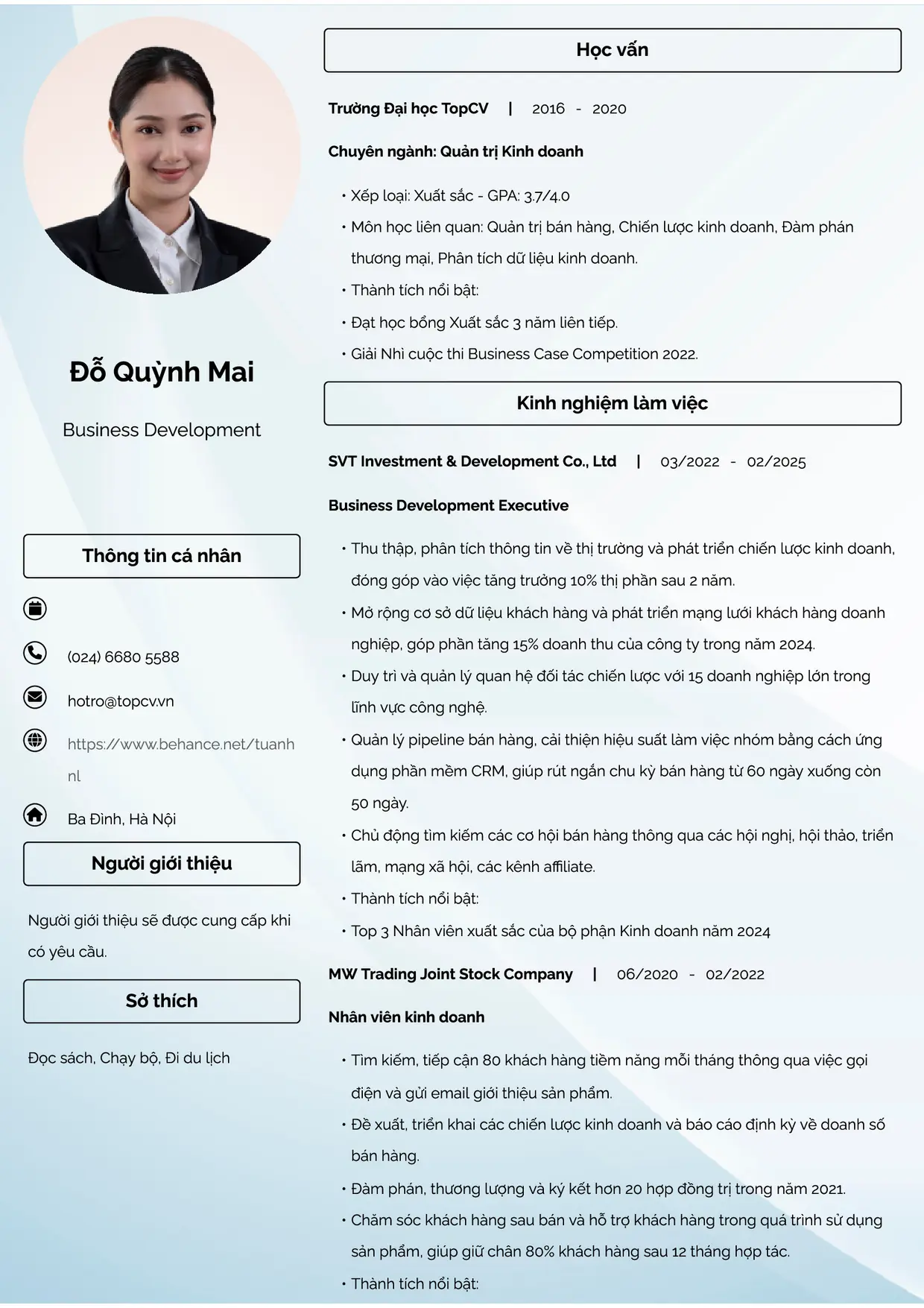 Mẫu CV xin việc Business Development Executive (Nhân viên phát triển kinh doanh) style Đam mê