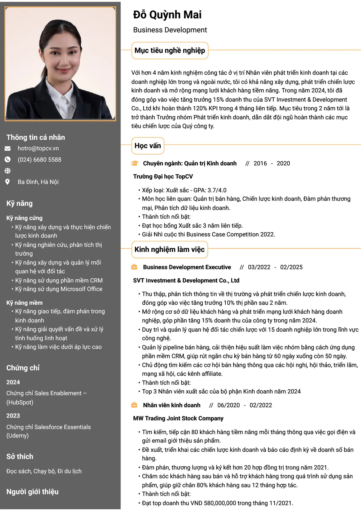 Mẫu CV xin việc Business Development Executive (Nhân viên phát triển kinh doanh) style Thành đạt