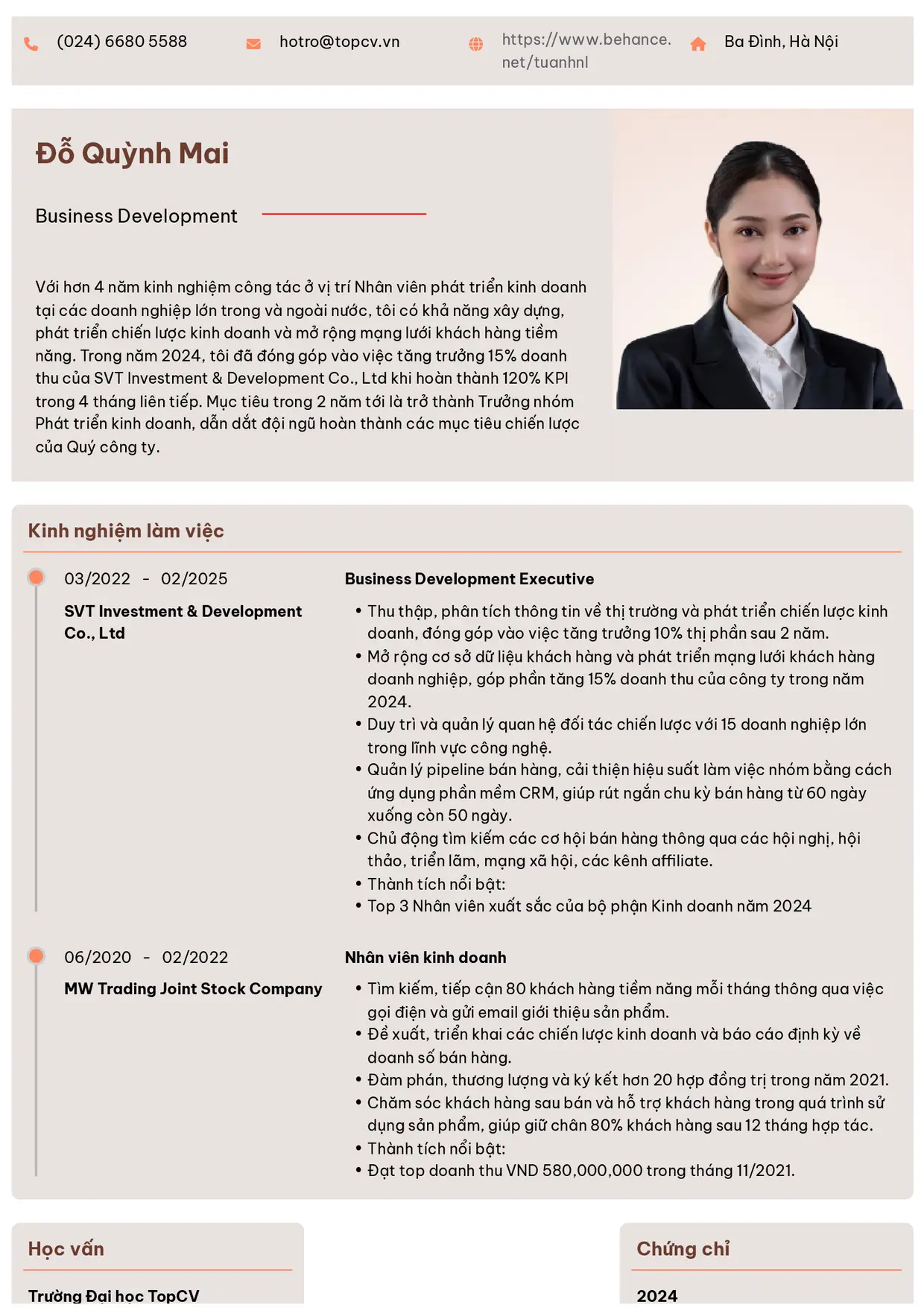 Mẫu CV xin việc Business Development Executive (Nhân viên phát triển kinh doanh) style Trang trọng