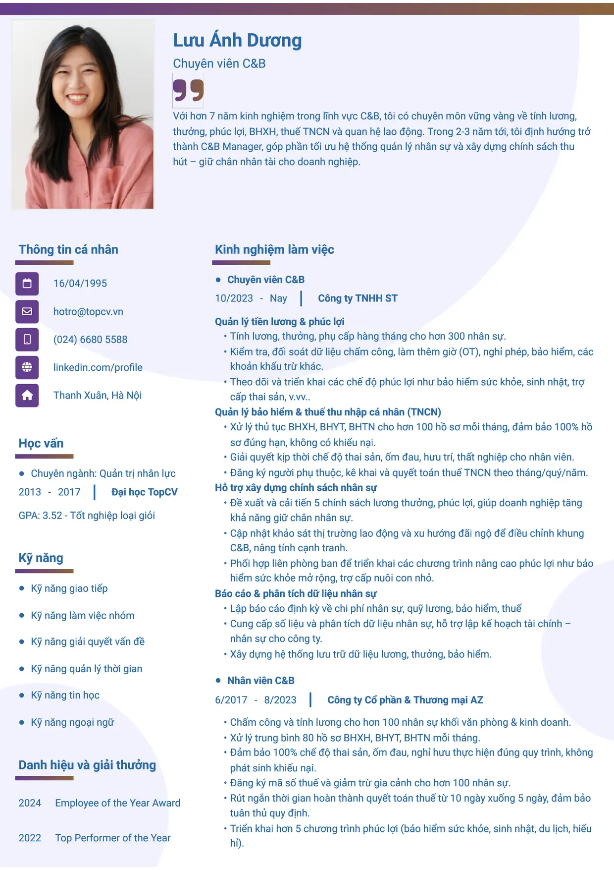 Mẫu CV xin việc C&B style Gradient 1