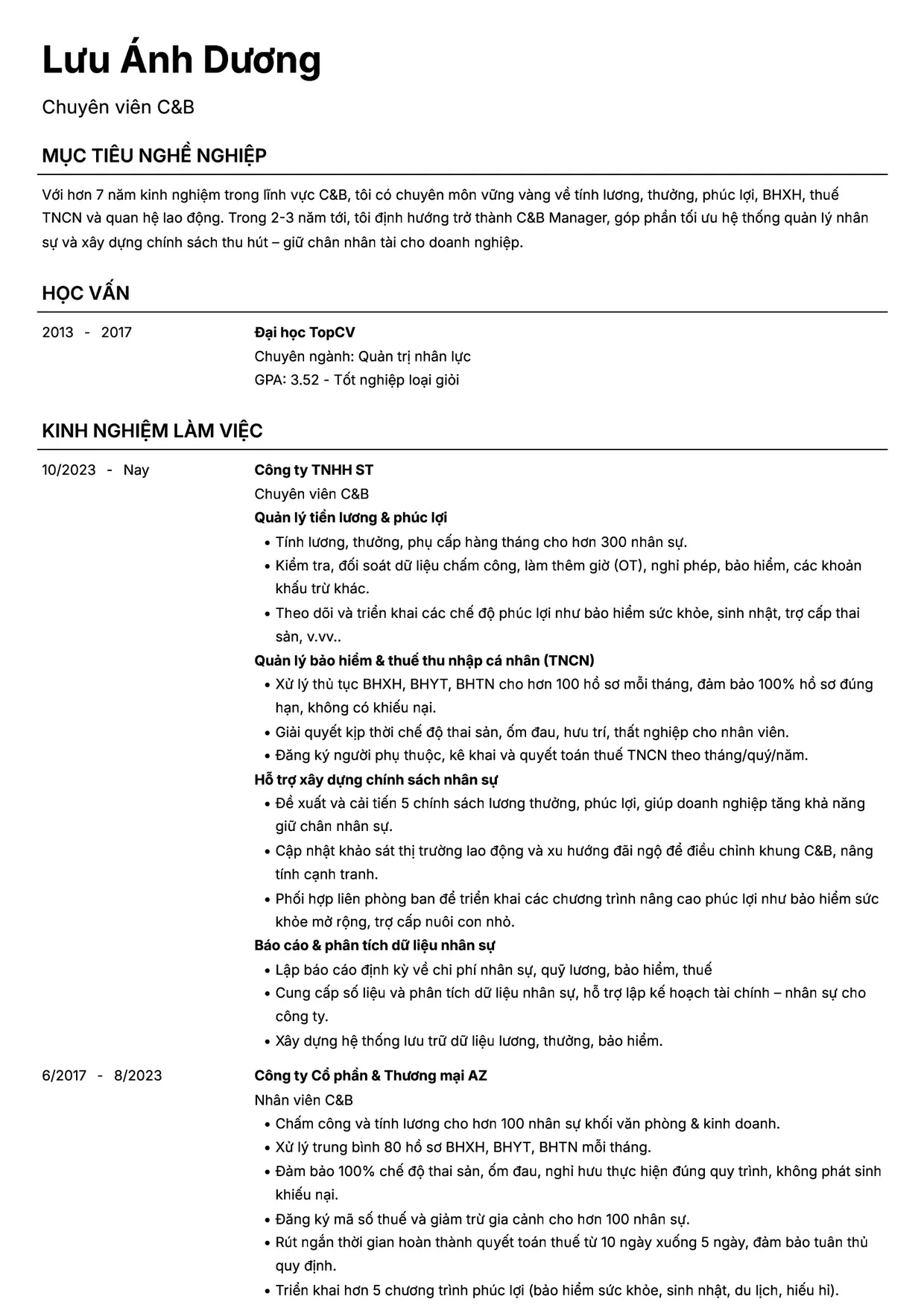 Mẫu CV xin việc C&B style Headhunt