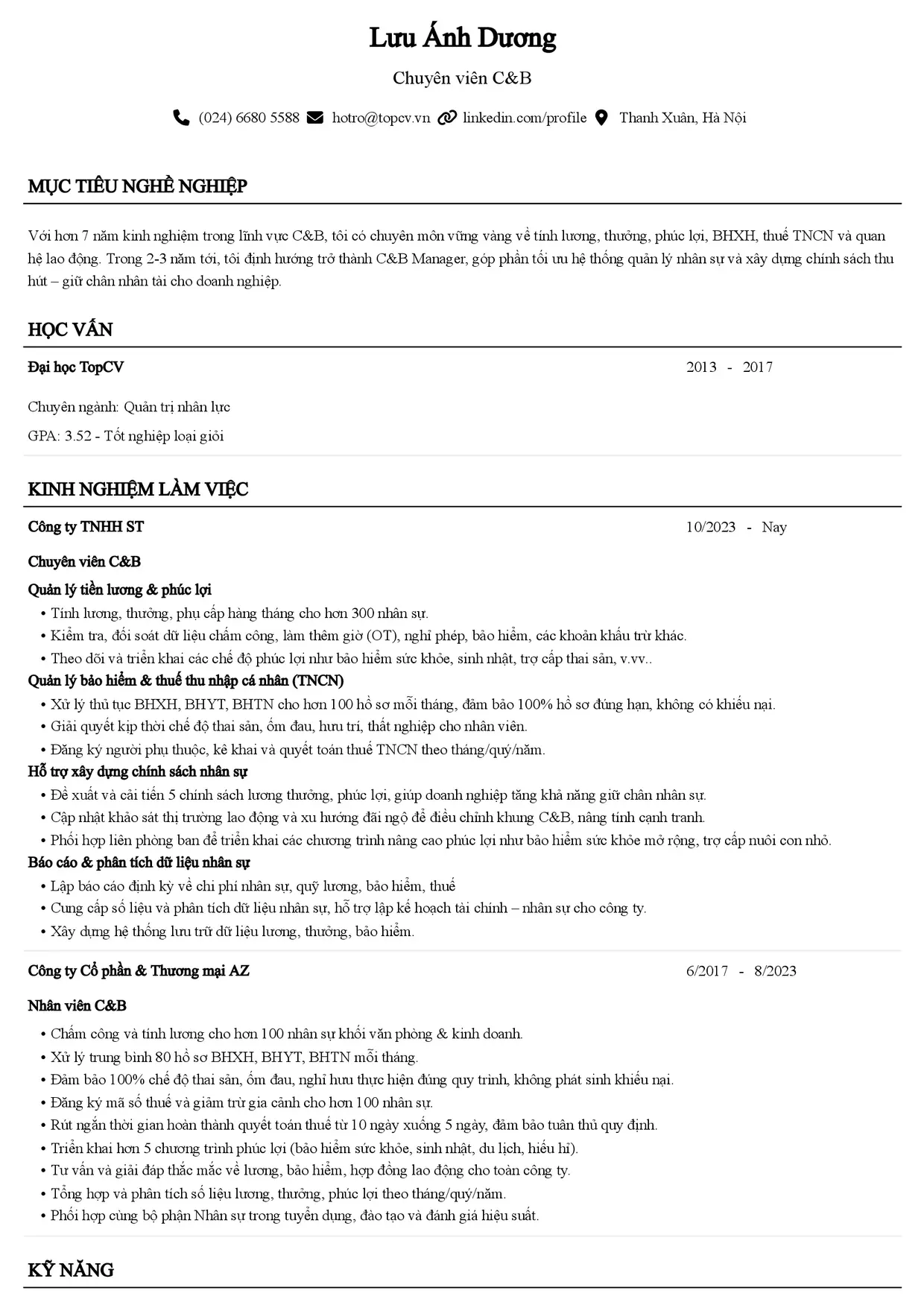 Mẫu CV xin việc C&B style Senior