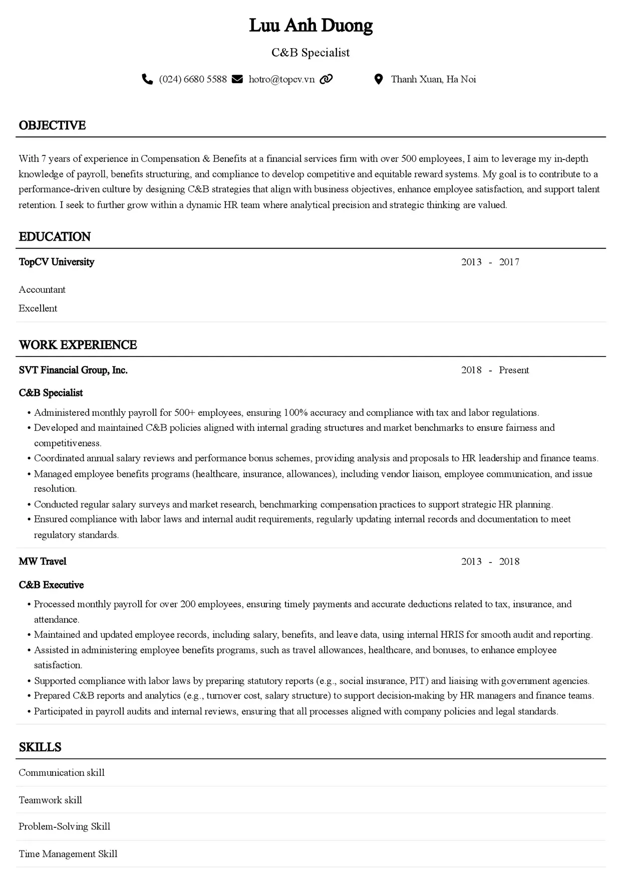Mẫu CV xin việc C&B style Senior