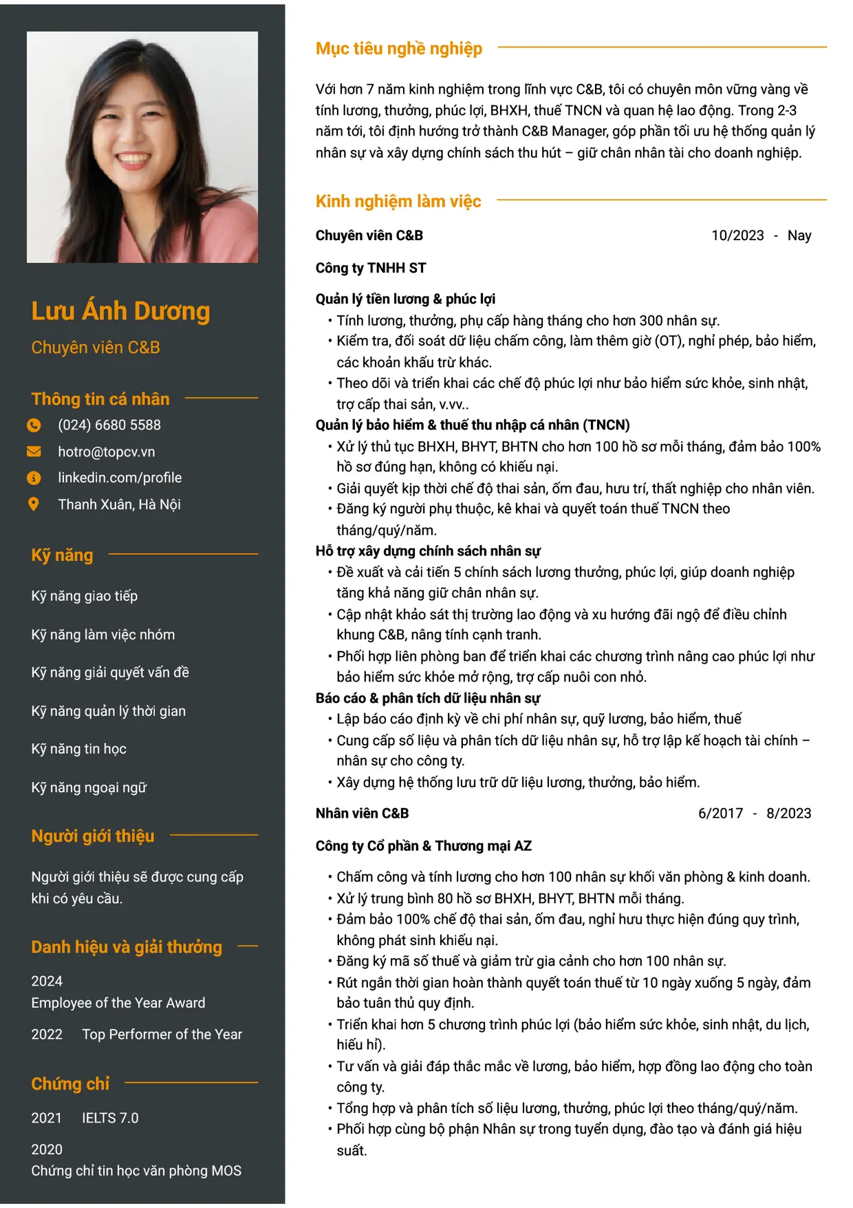 Mẫu CV xin việc C&B style Tham vọng