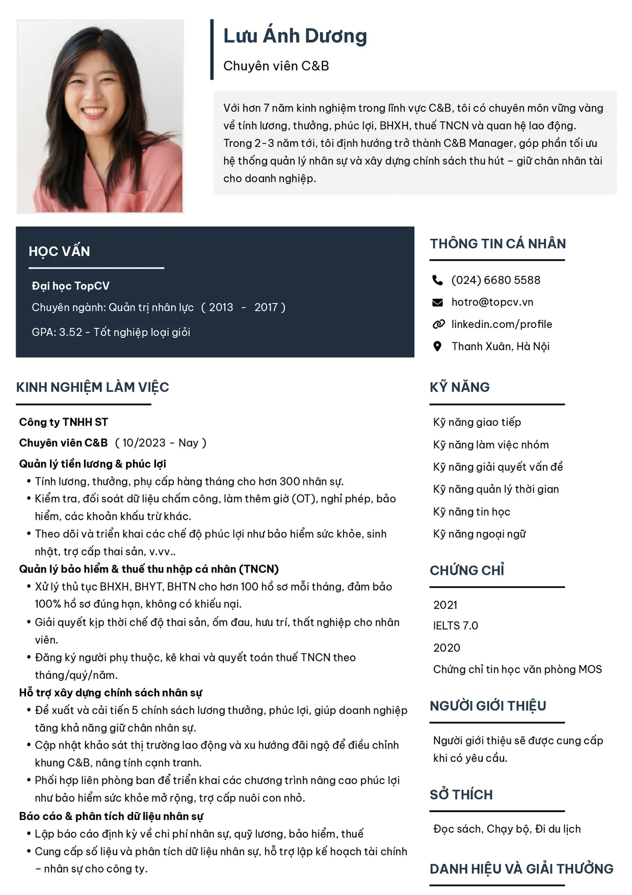 Mẫu CV xin việc C&B style Tối giản 2
