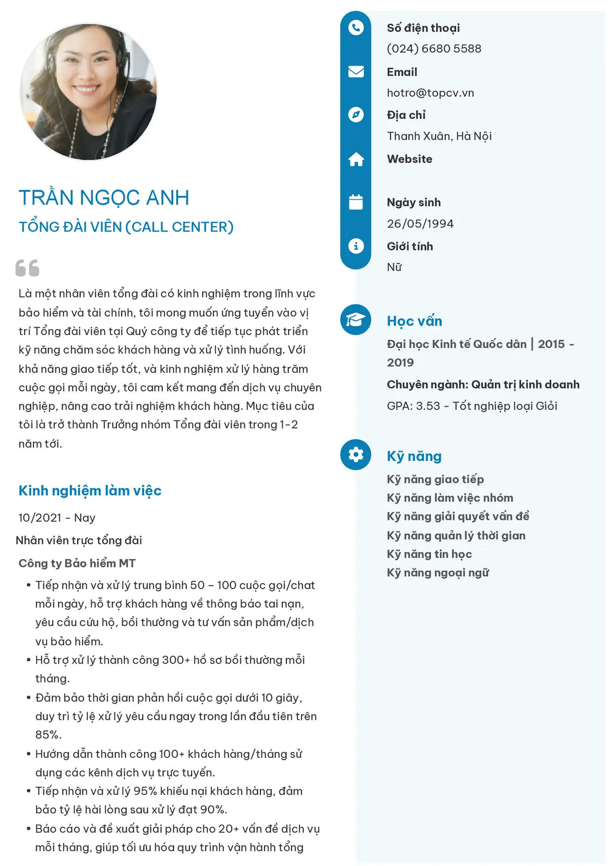 Mẫu CV xin việc Call Center/Trực tổng đài style Basic 4
