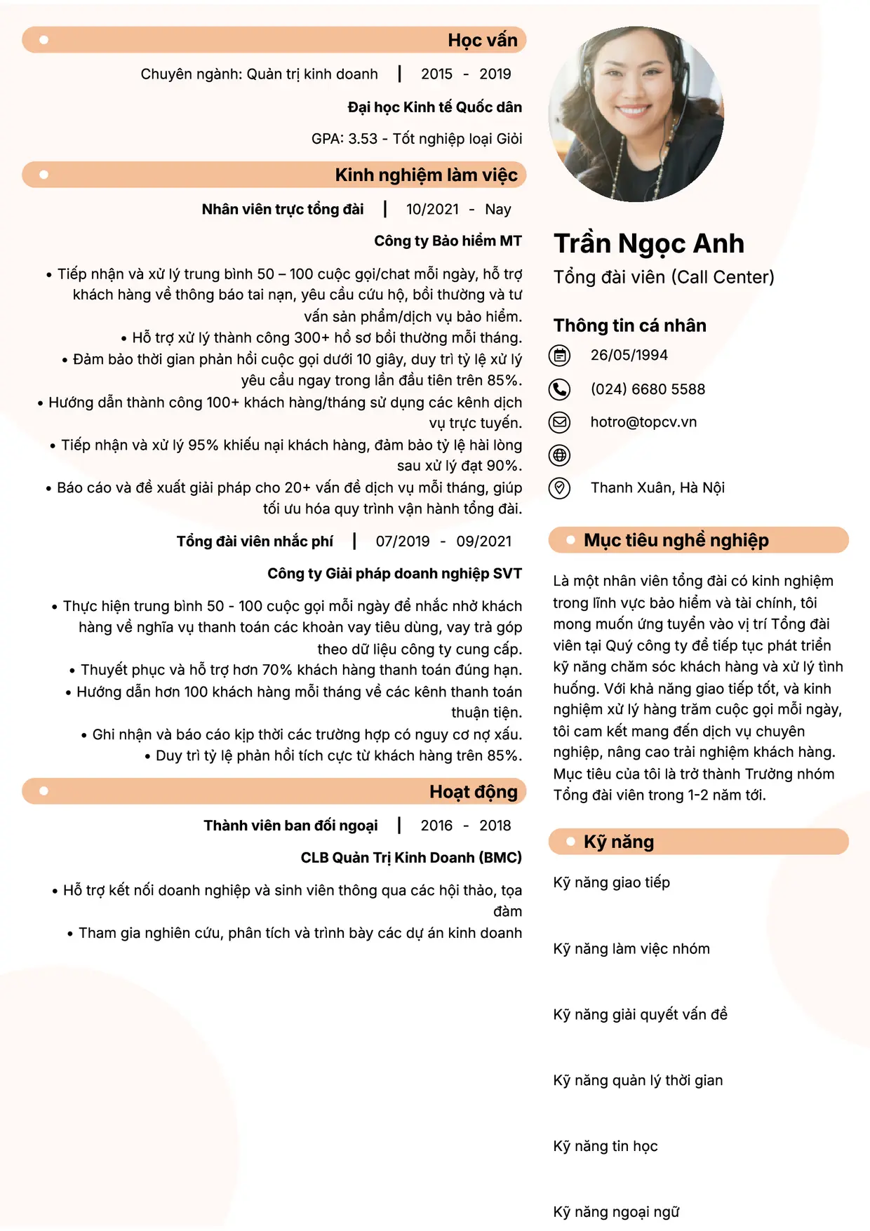 Mẫu CV xin việc Call Center/Trực tổng đài style Basic 5