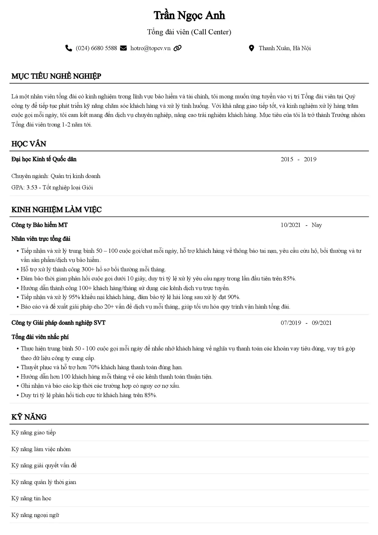 Mẫu CV xin việc Call Center/Trực tổng đài style Senior