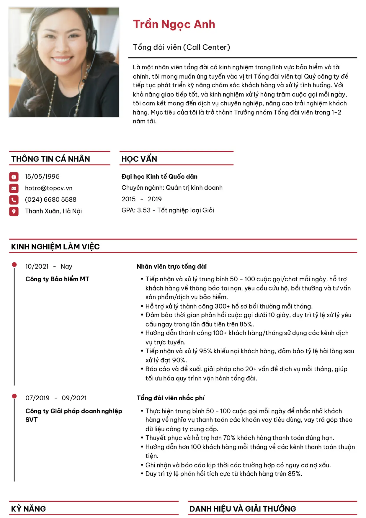 Mẫu CV xin việc Call Center/Trực tổng đài style Thanh lịch