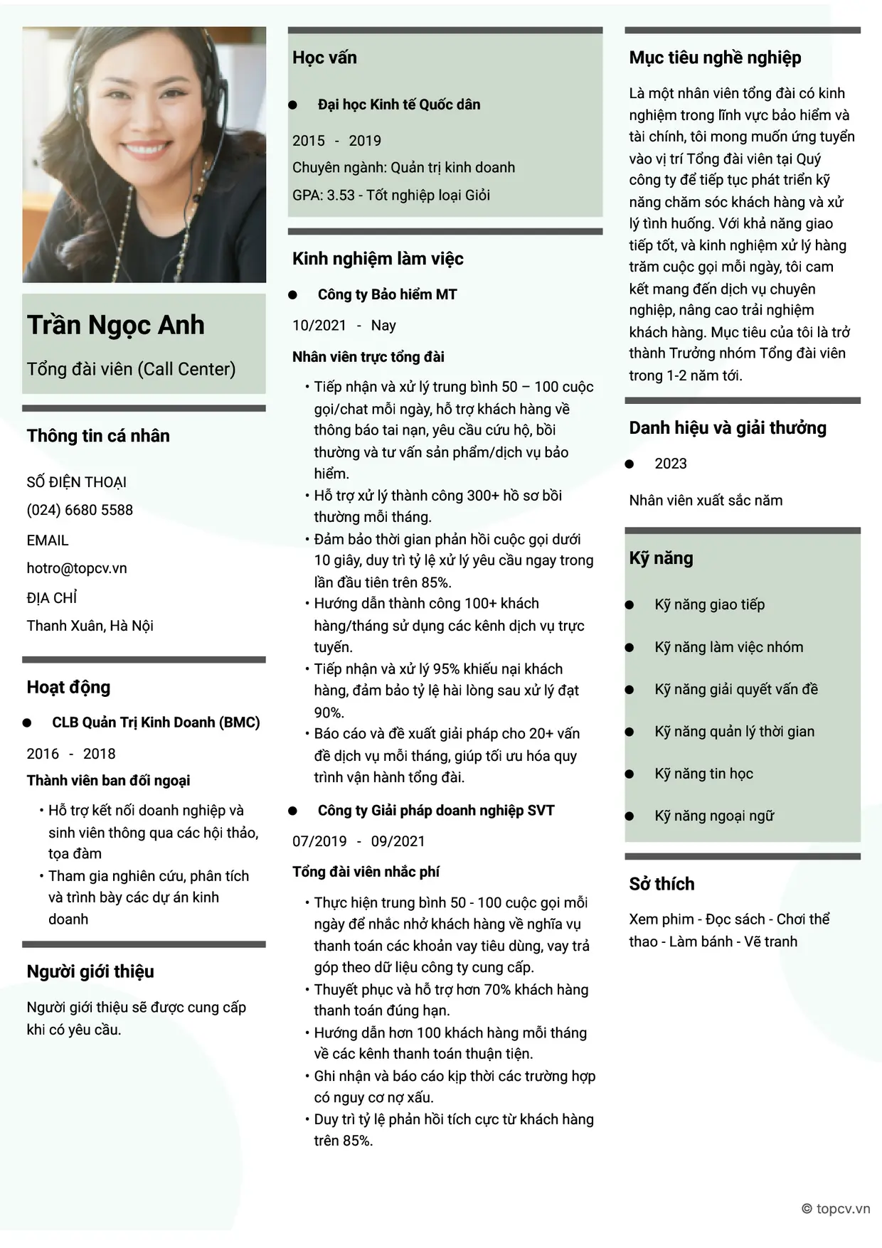 Mẫu CV xin việc Call Center/Trực tổng đài style Thời đại