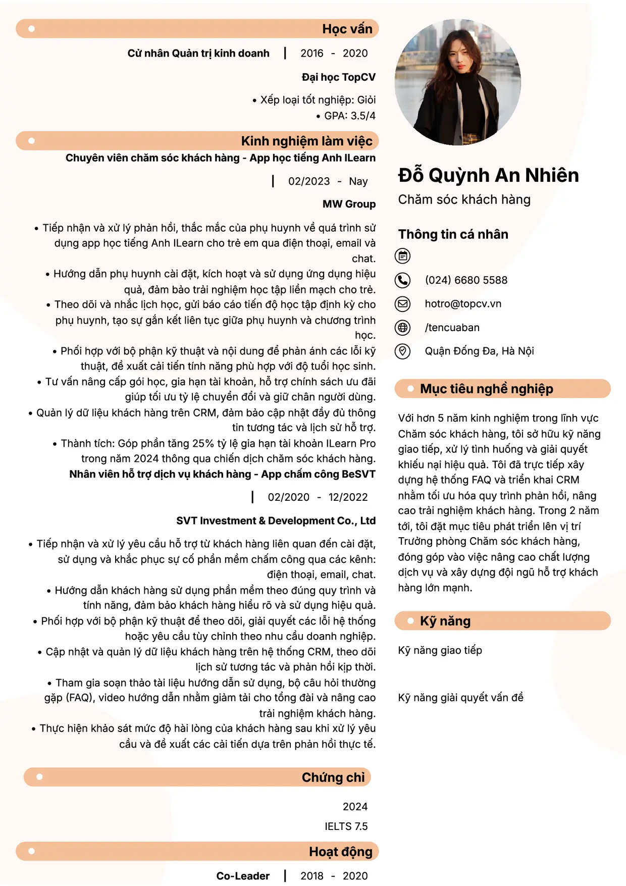 Mẫu CV xin việc Chăm sóc khách hàng style Basic 5