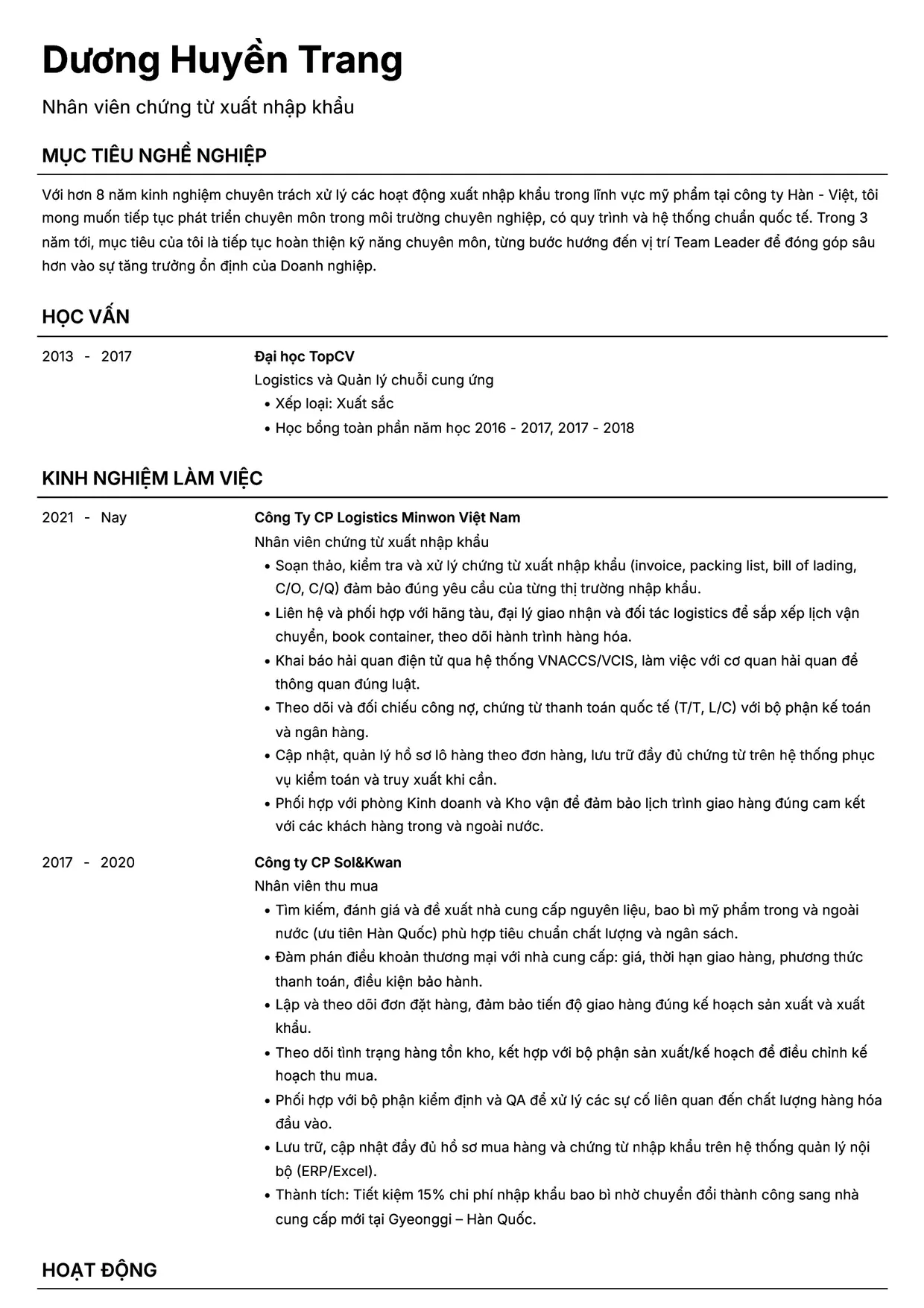 Mẫu CV Nhân viên chứng từ xuất nhập khẩu style Headhunt