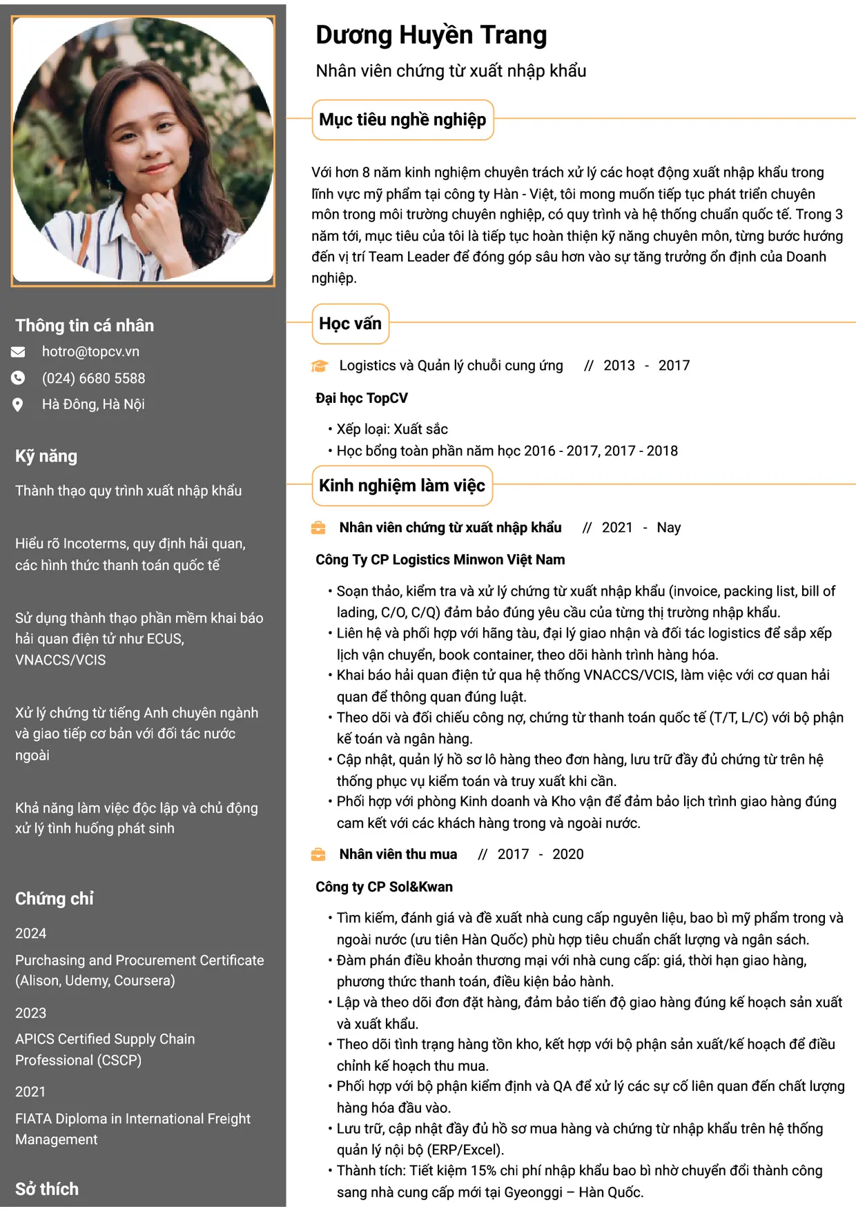 Mẫu CV Nhân viên chứng từ xuất nhập khẩu style Thành đạt