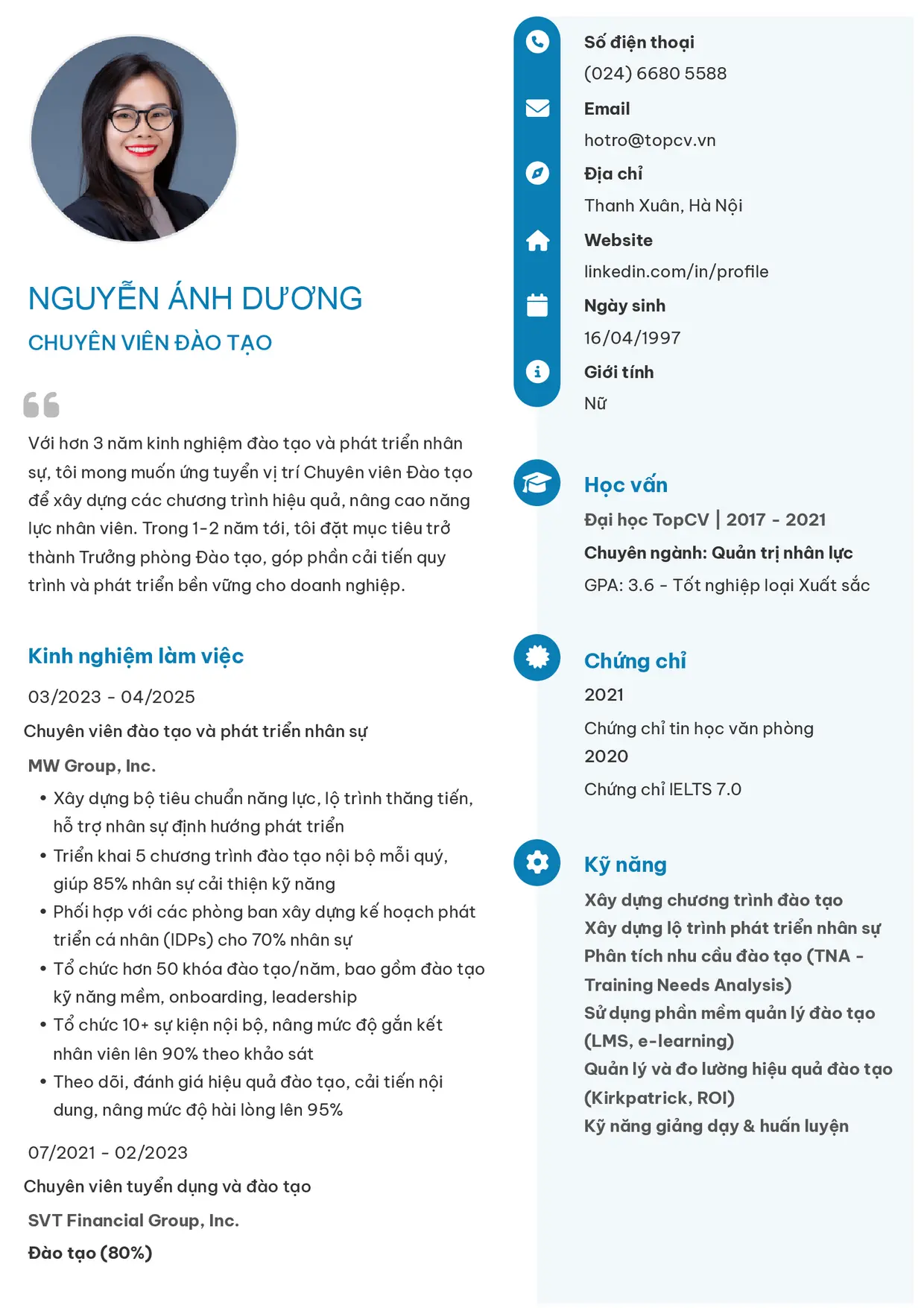 Mẫu CV Chuyên viên đào tạo style Basic 4