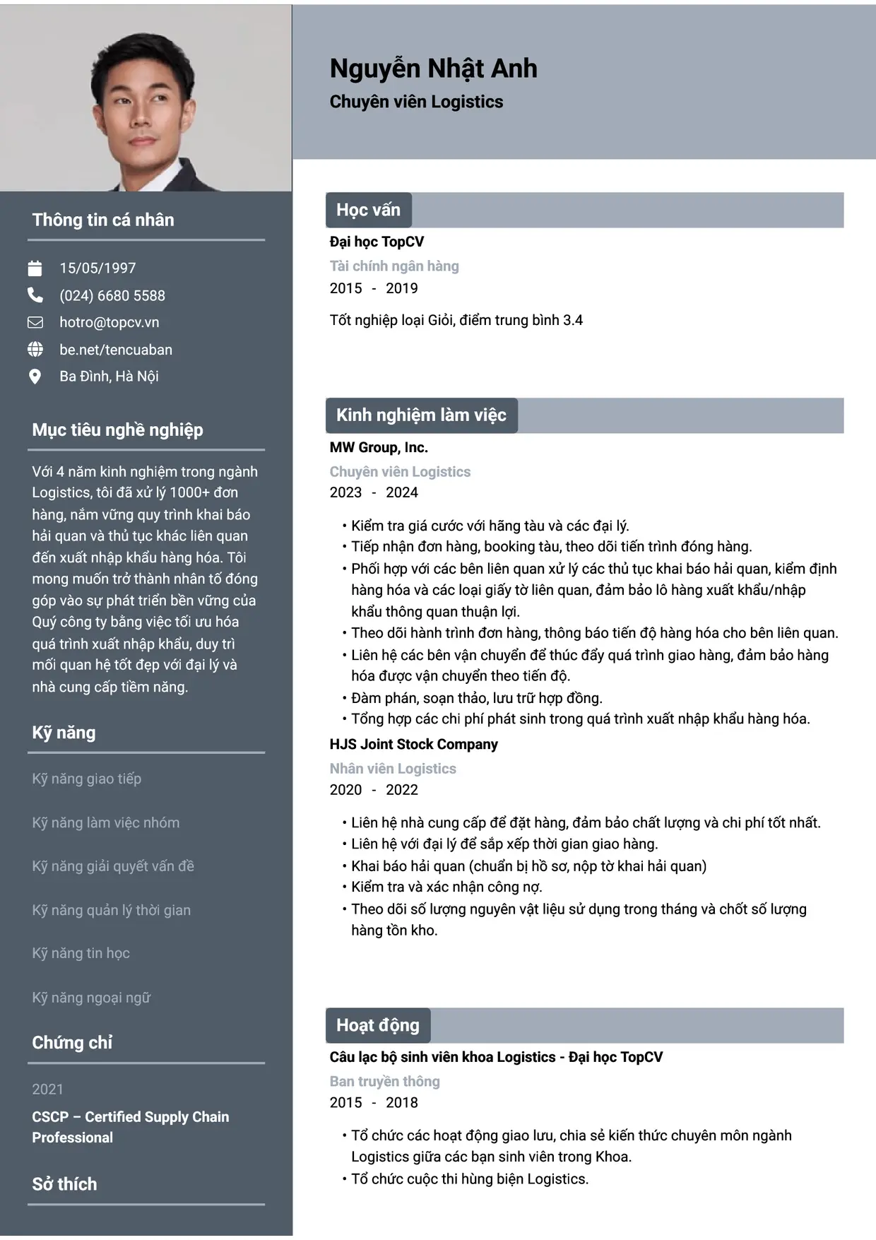 Mẫu CV Chuyên viên Logistics style Basic 1